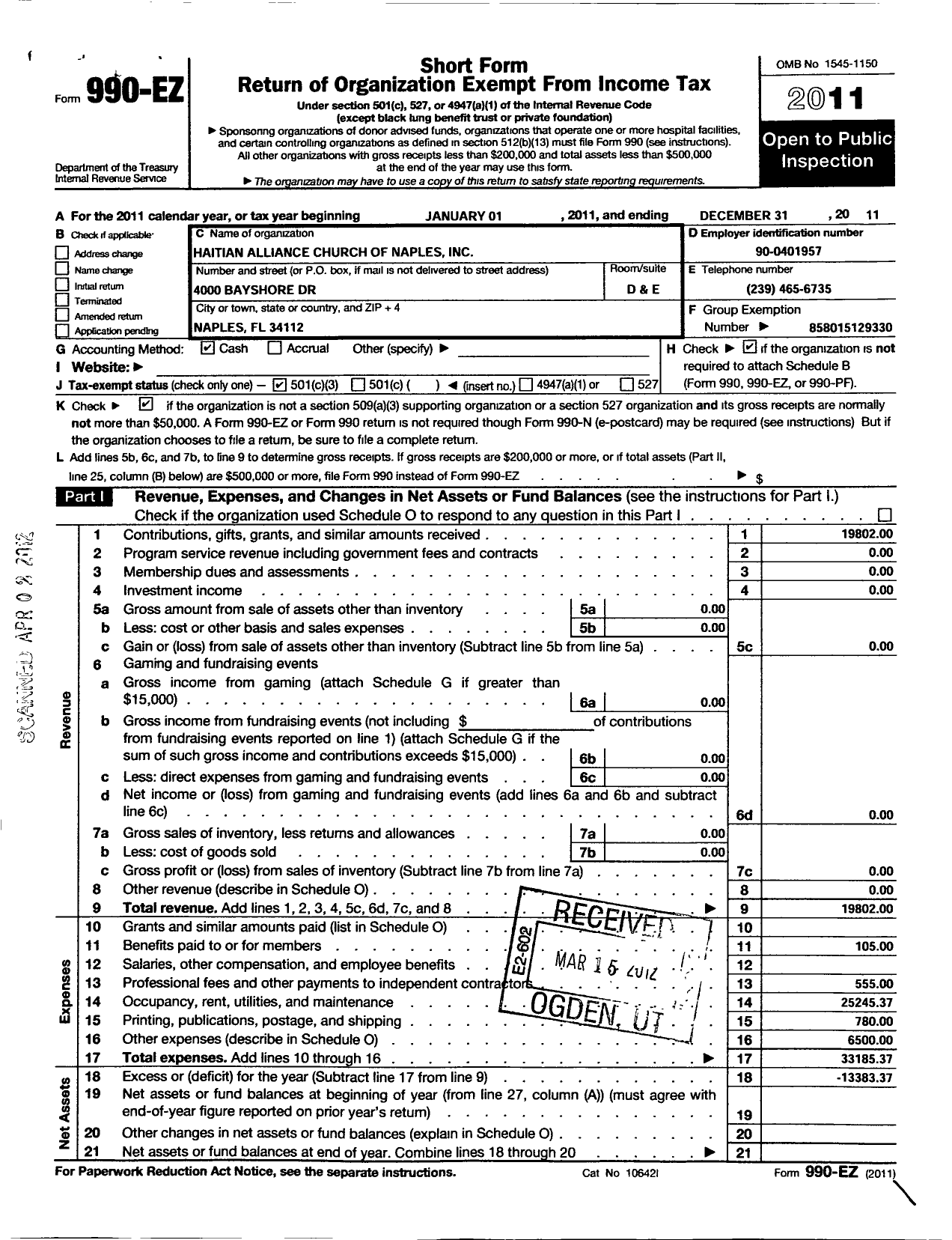 Image of first page of 2011 Form 990EZ for Haitian Alliance Church of Naples