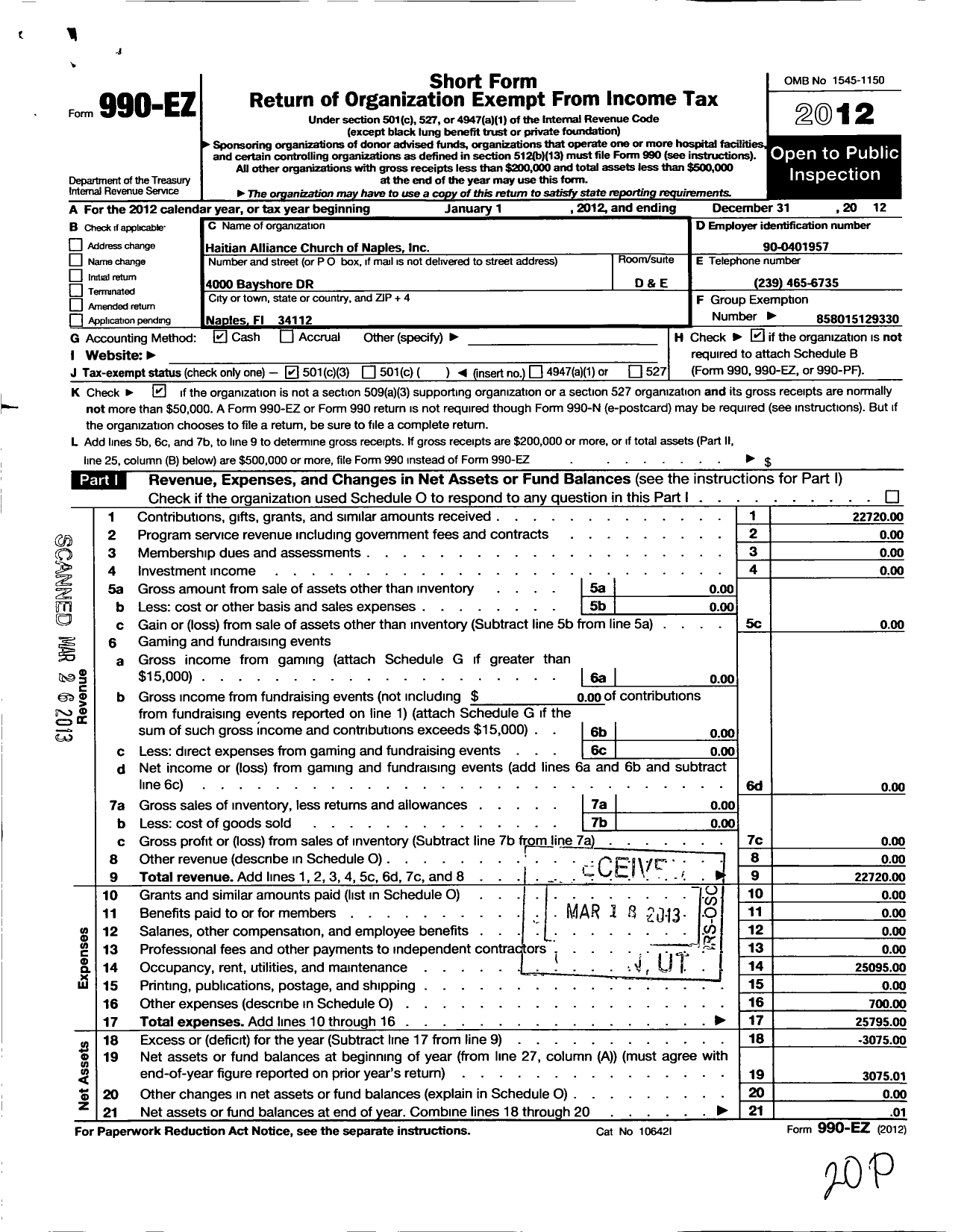 Image of first page of 2012 Form 990EZ for Haitian Alliance Church of Naples