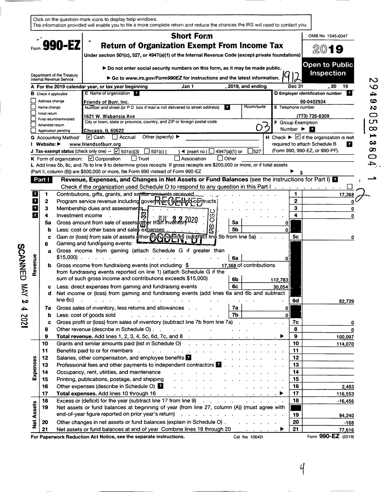 Image of first page of 2019 Form 990EZ for Friends of Burr