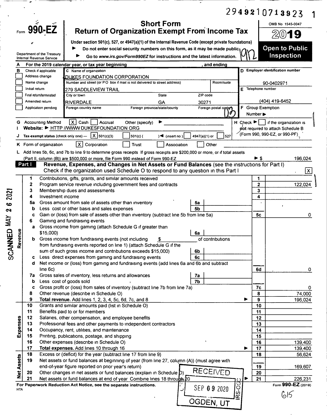 Image of first page of 2019 Form 990EZ for Dukes Foundation Corporation