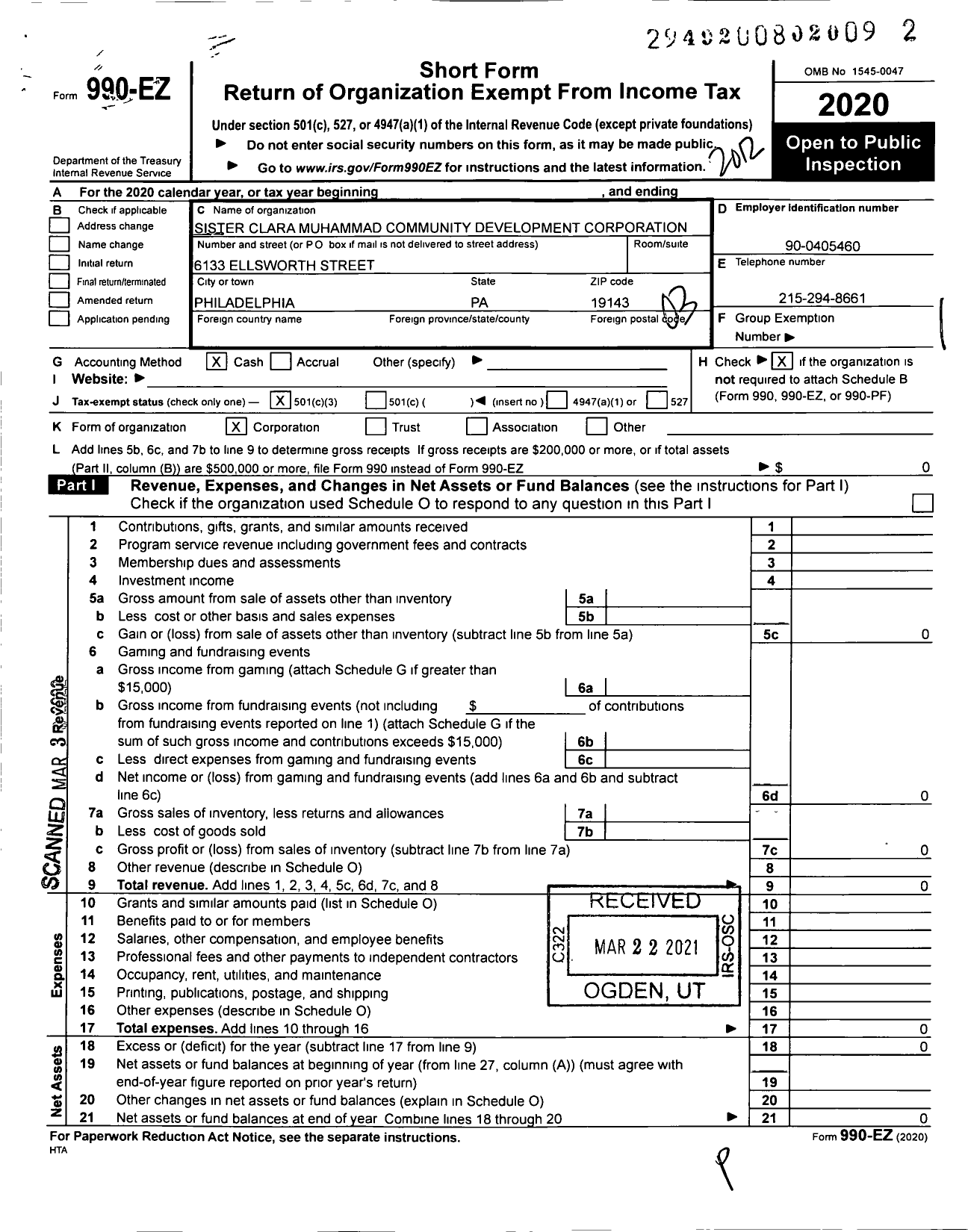 Image of first page of 2020 Form 990EZ for Sister Clara Muhammad Community Development Corporation