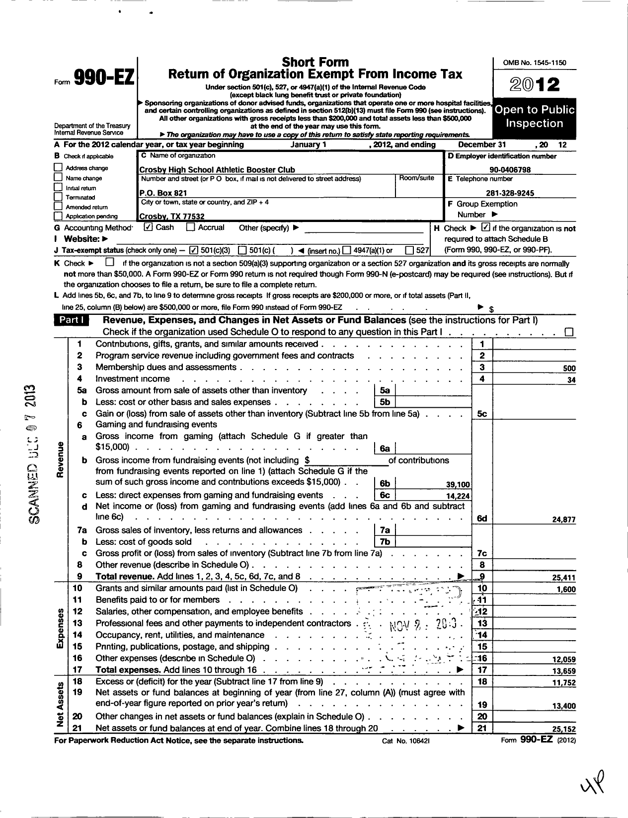 Image of first page of 2012 Form 990EZ for Crosby High School Athletic Booster Club