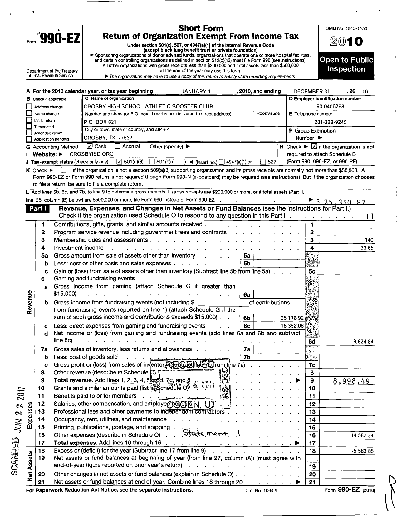 Image of first page of 2010 Form 990EZ for Crosby High School Athletic Booster Club