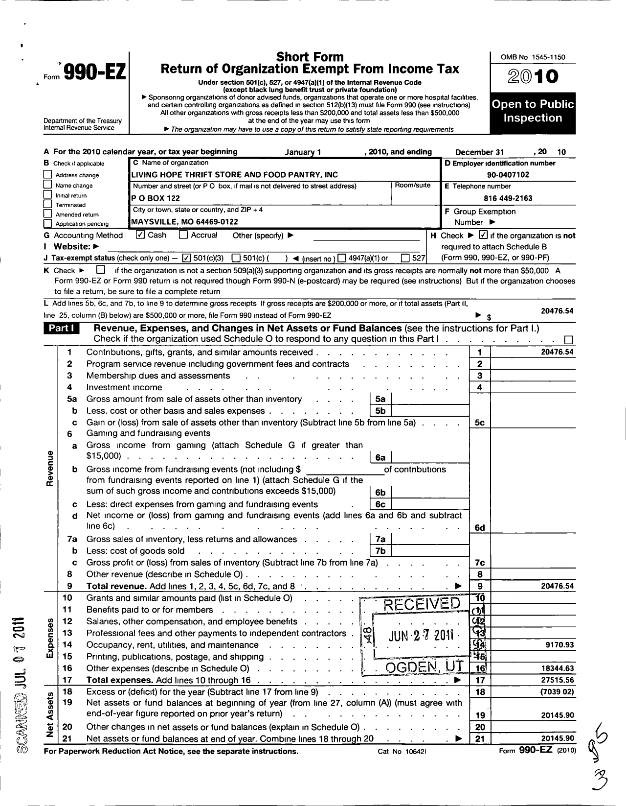 Image of first page of 2010 Form 990EZ for Living Hope Thrift Store and Pantry