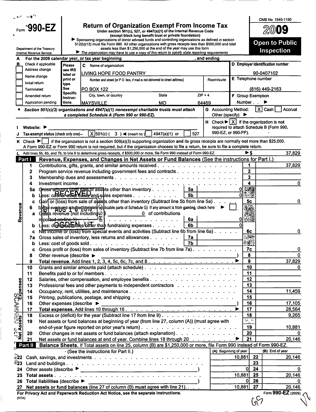 Image of first page of 2009 Form 990EZ for Living Hope Thrift Store and Pantry