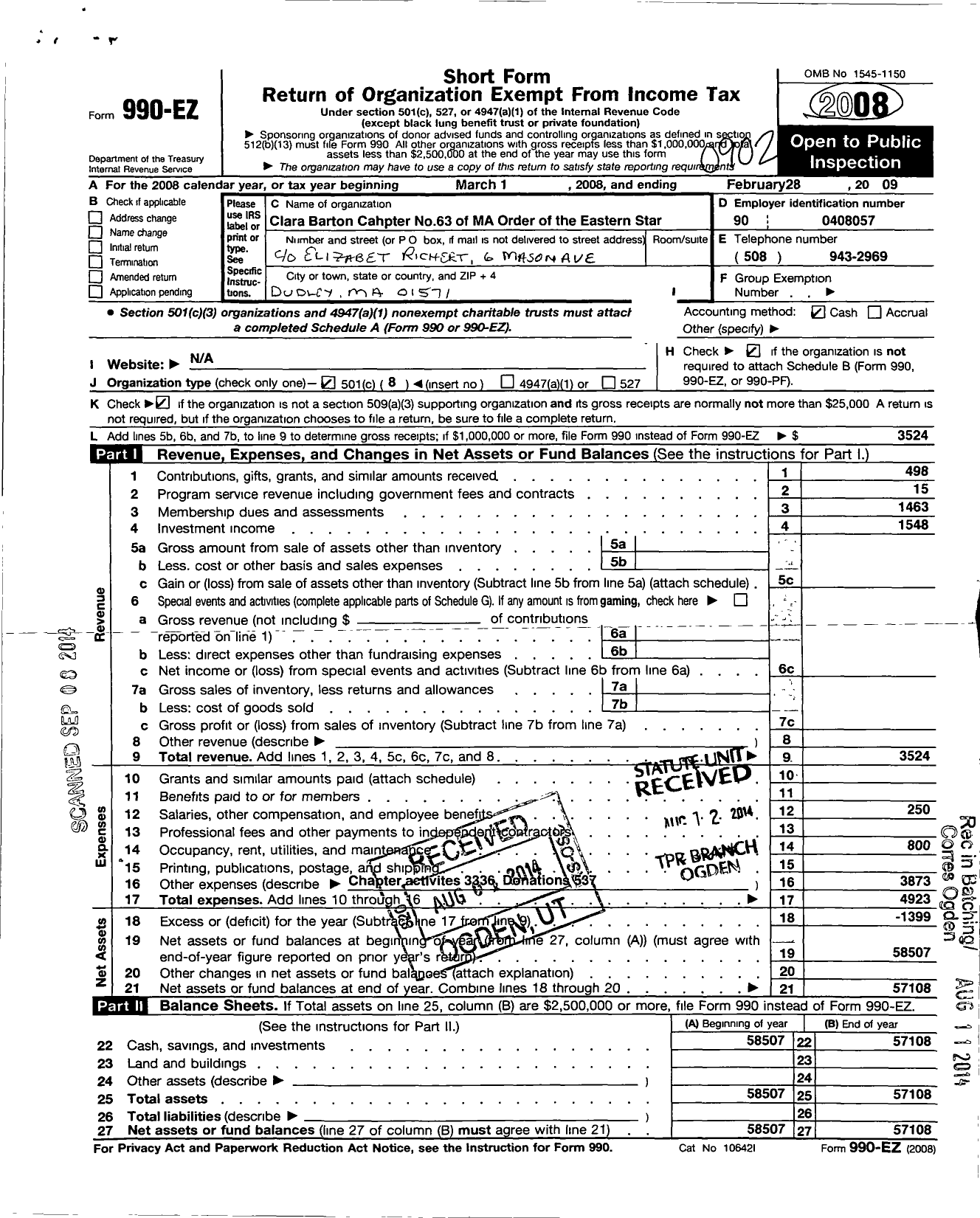 Image of first page of 2008 Form 990EO for Grand Chapter of Ma Order of the Eastern Star / 63 Clara Barton Chapter