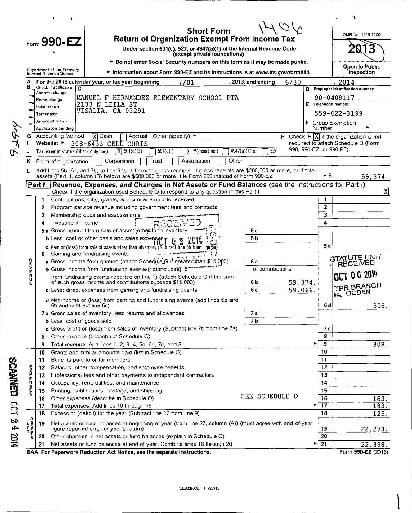 Image of first page of 2013 Form 990EZ for California State PTA - Manuel F Hernandez Elem SCH PTA