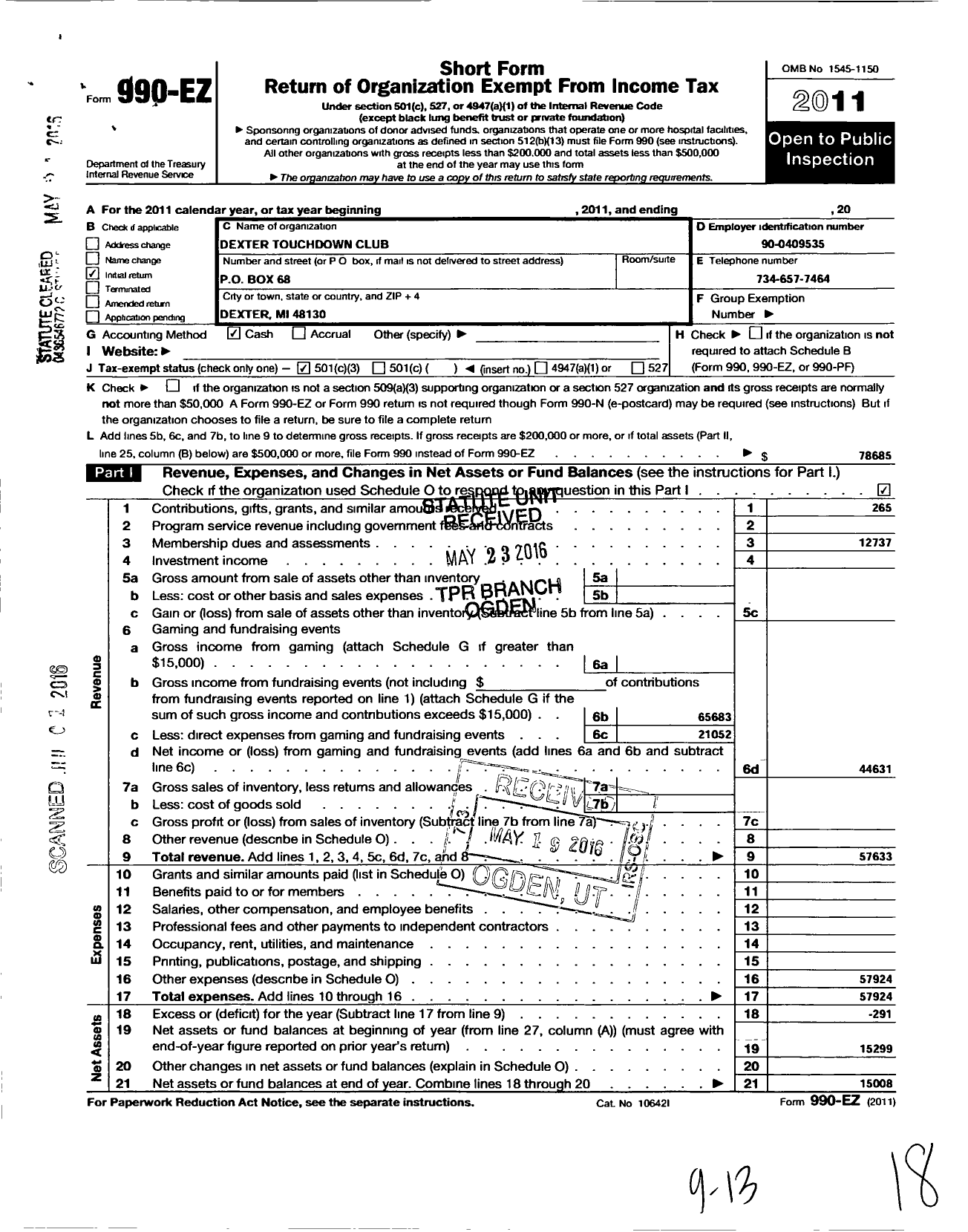 Image of first page of 2011 Form 990EZ for Dexter Touchdown Club