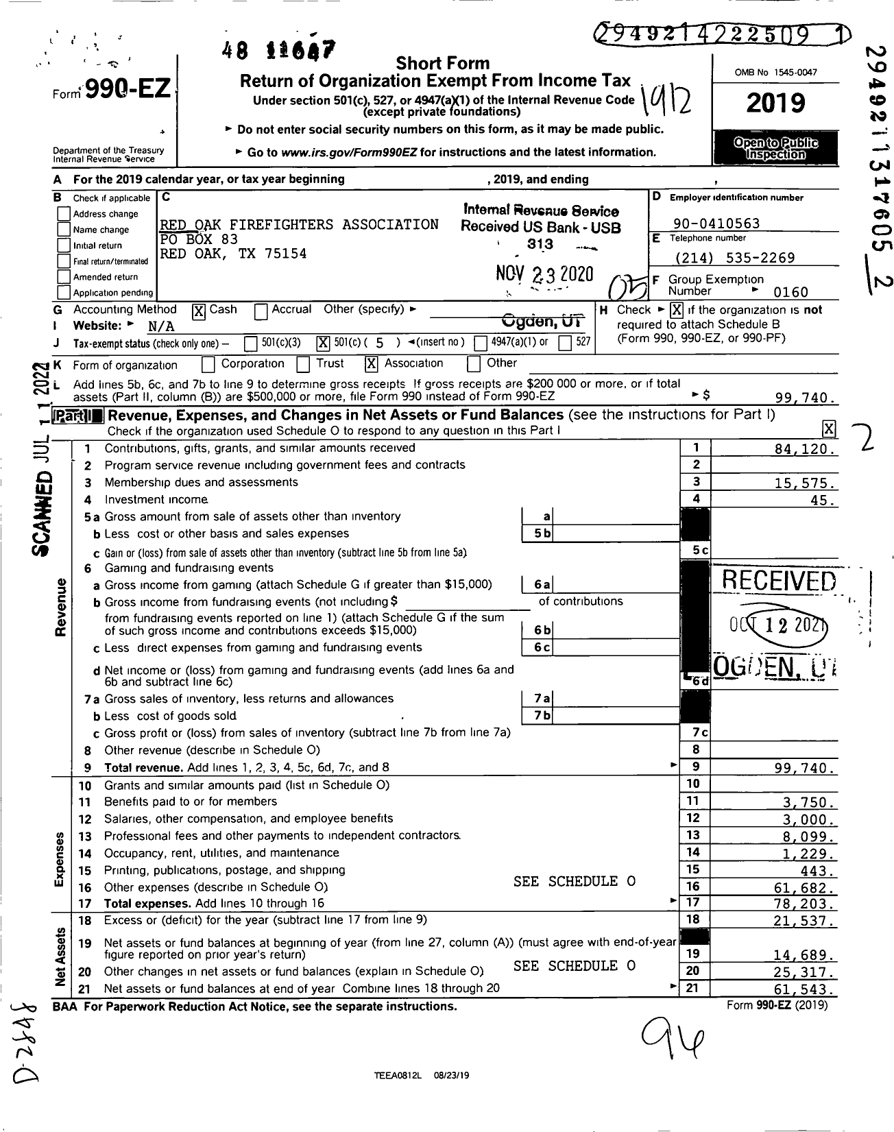 Image of first page of 2019 Form 990EO for Red Oak Firefighters Association