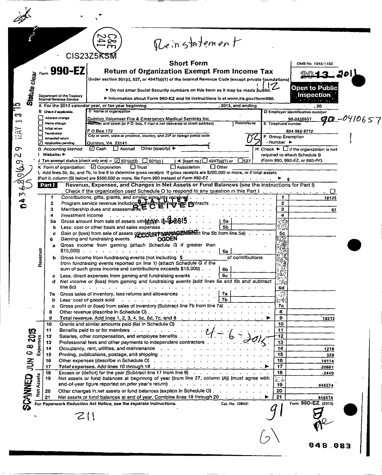 Image of first page of 2011 Form 990EZ for Quinton Fire and Ems