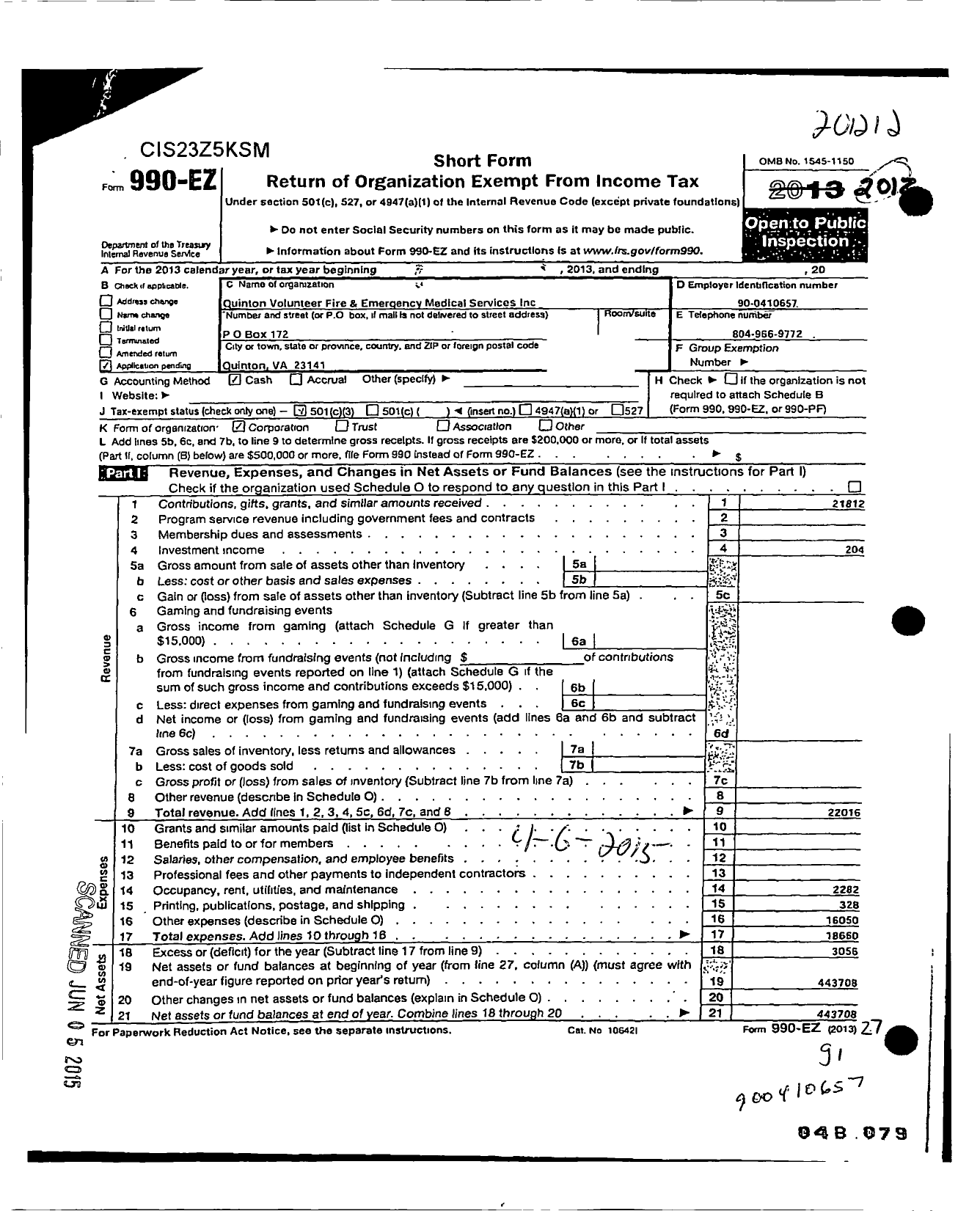 Image of first page of 2012 Form 990EZ for Quinton Fire and Ems