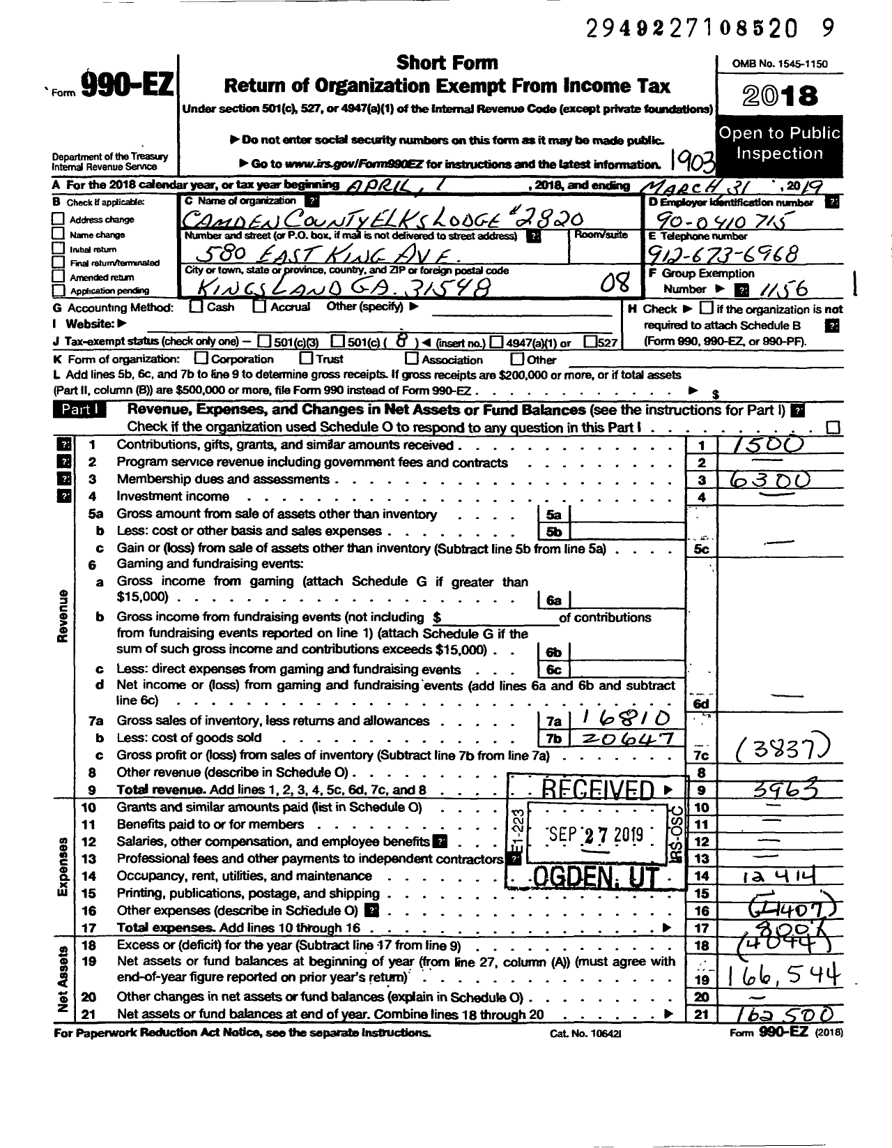 Image of first page of 2018 Form 990EO for Benevolent and Protective Order of Elks - 2820 Camden County Elks