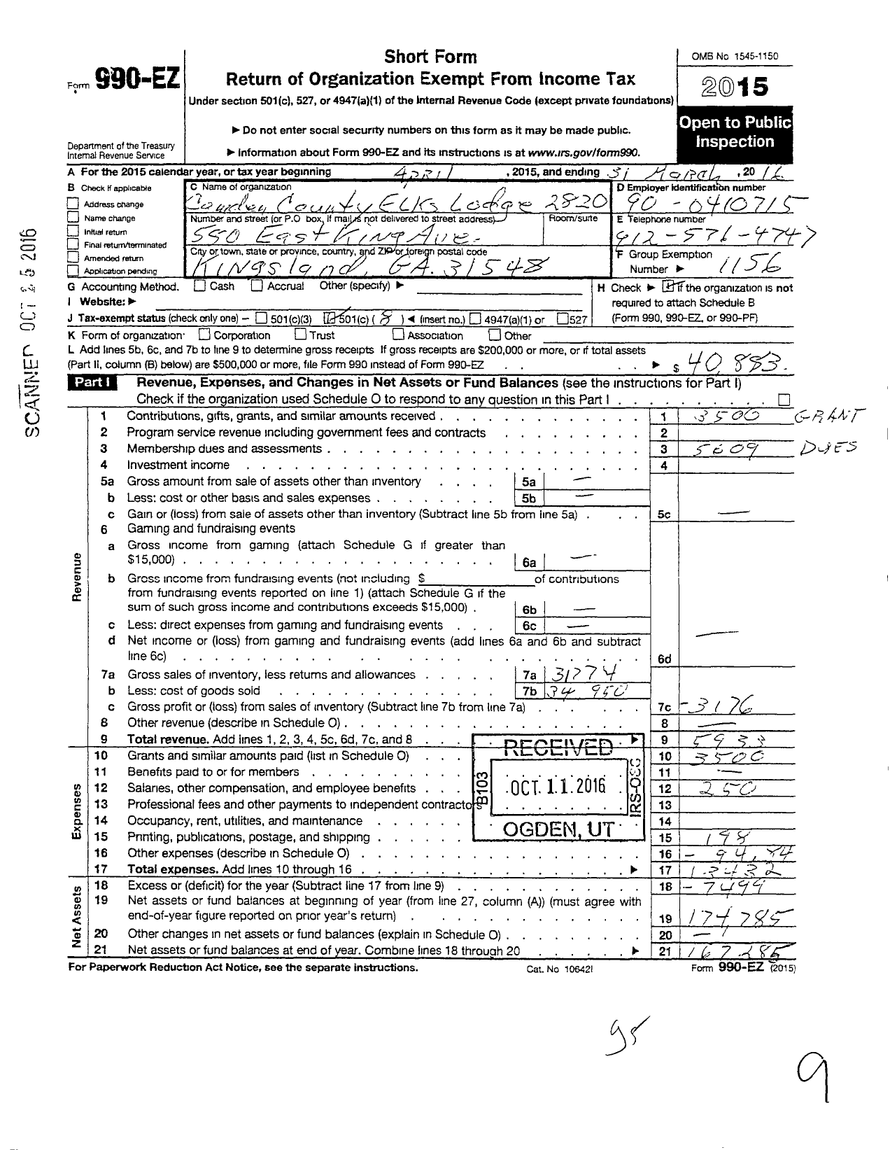 Image of first page of 2015 Form 990EO for Benevolent and Protective Order of Elks - 2820 Camden County Elks