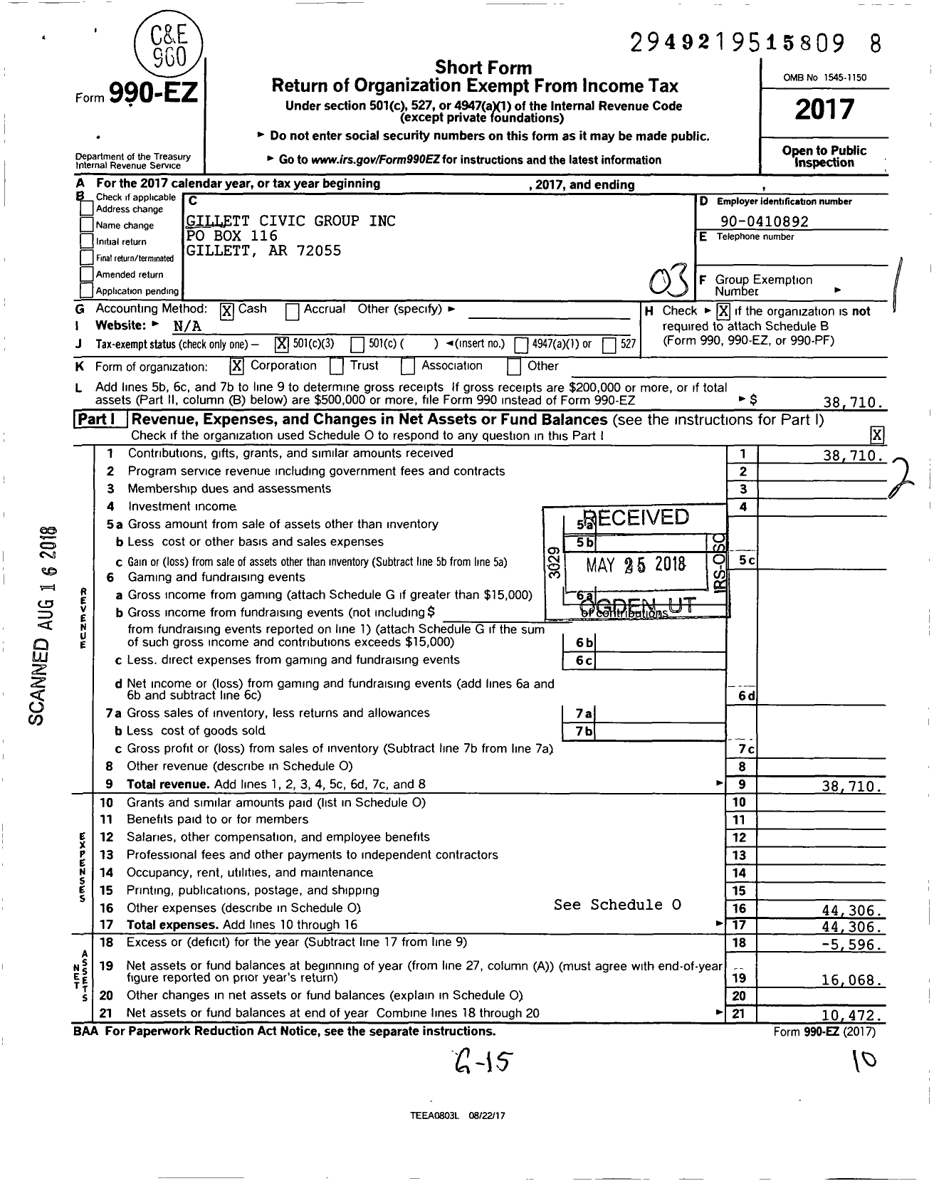 Image of first page of 2017 Form 990EZ for Gillett Civic Group