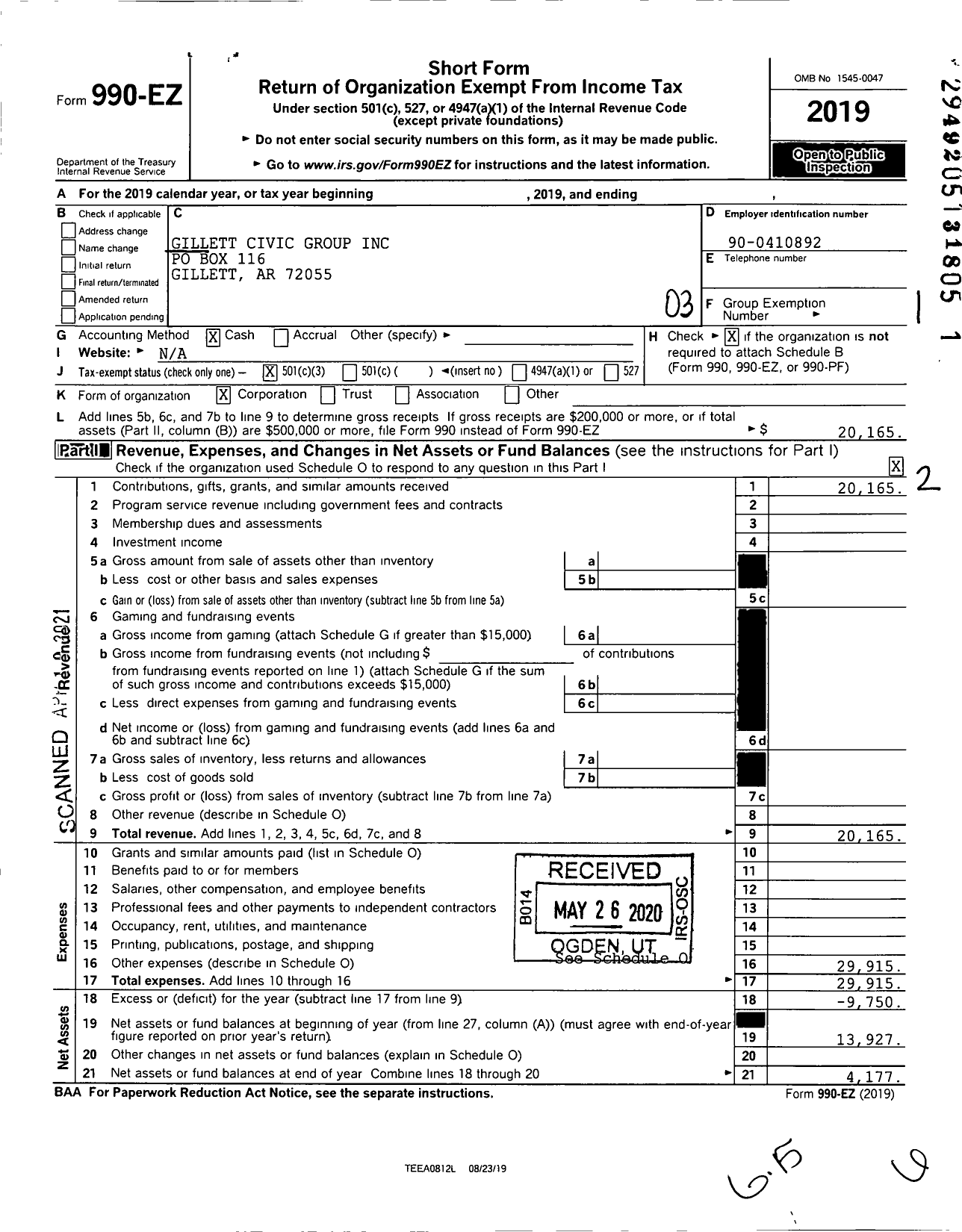 Image of first page of 2019 Form 990EZ for Gillett Civic Group