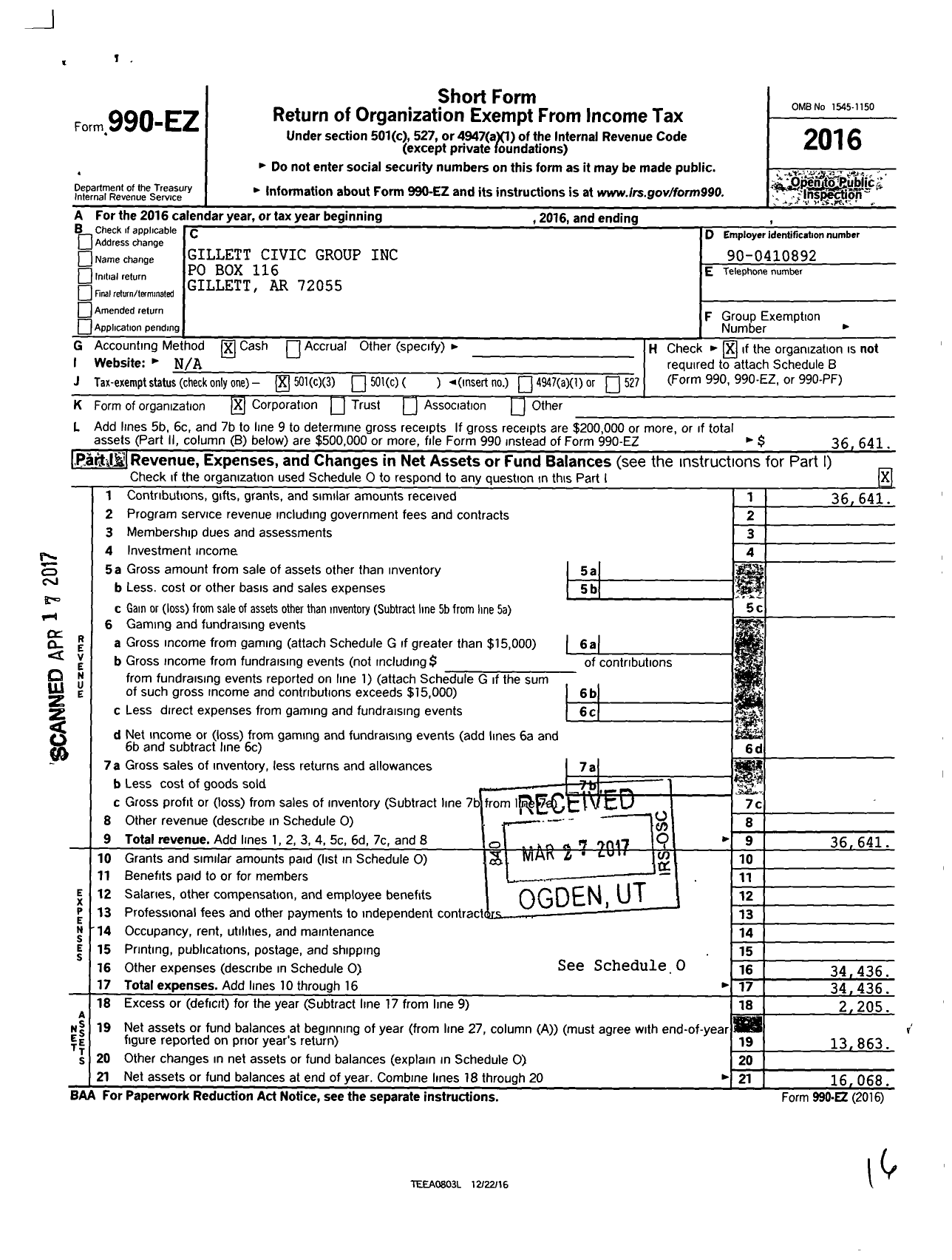 Image of first page of 2016 Form 990EZ for Gillett Civic Group