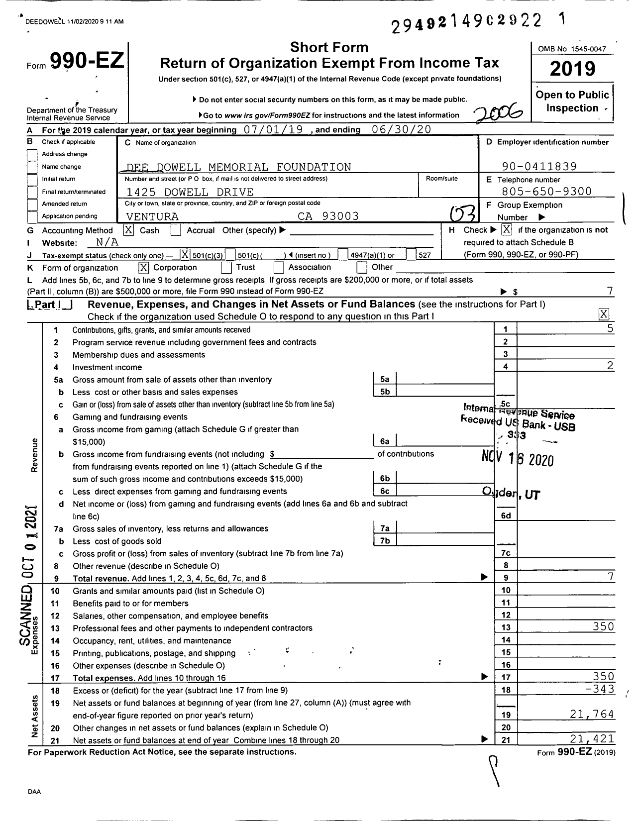 Image of first page of 2019 Form 990EZ for Dee Dowell Memorial Foundation