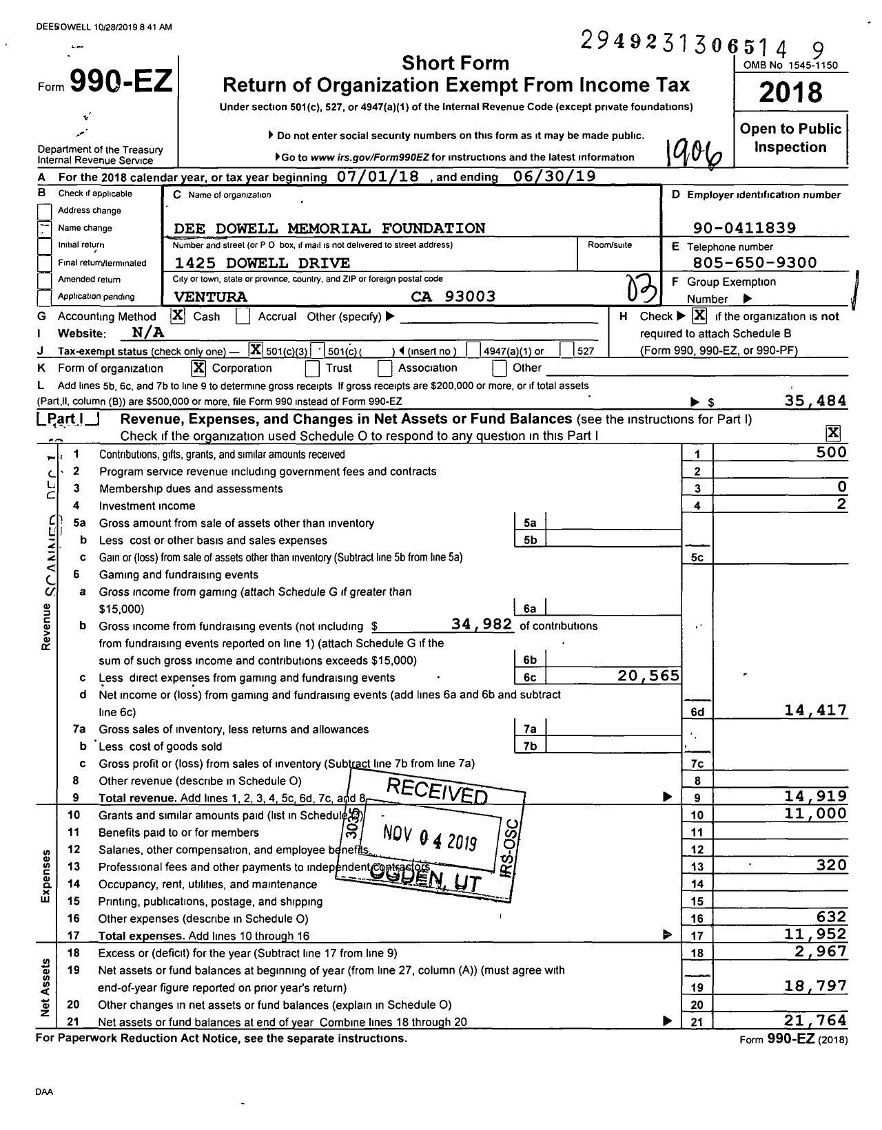 Image of first page of 2018 Form 990EZ for Dee Dowell Memorial Foundation