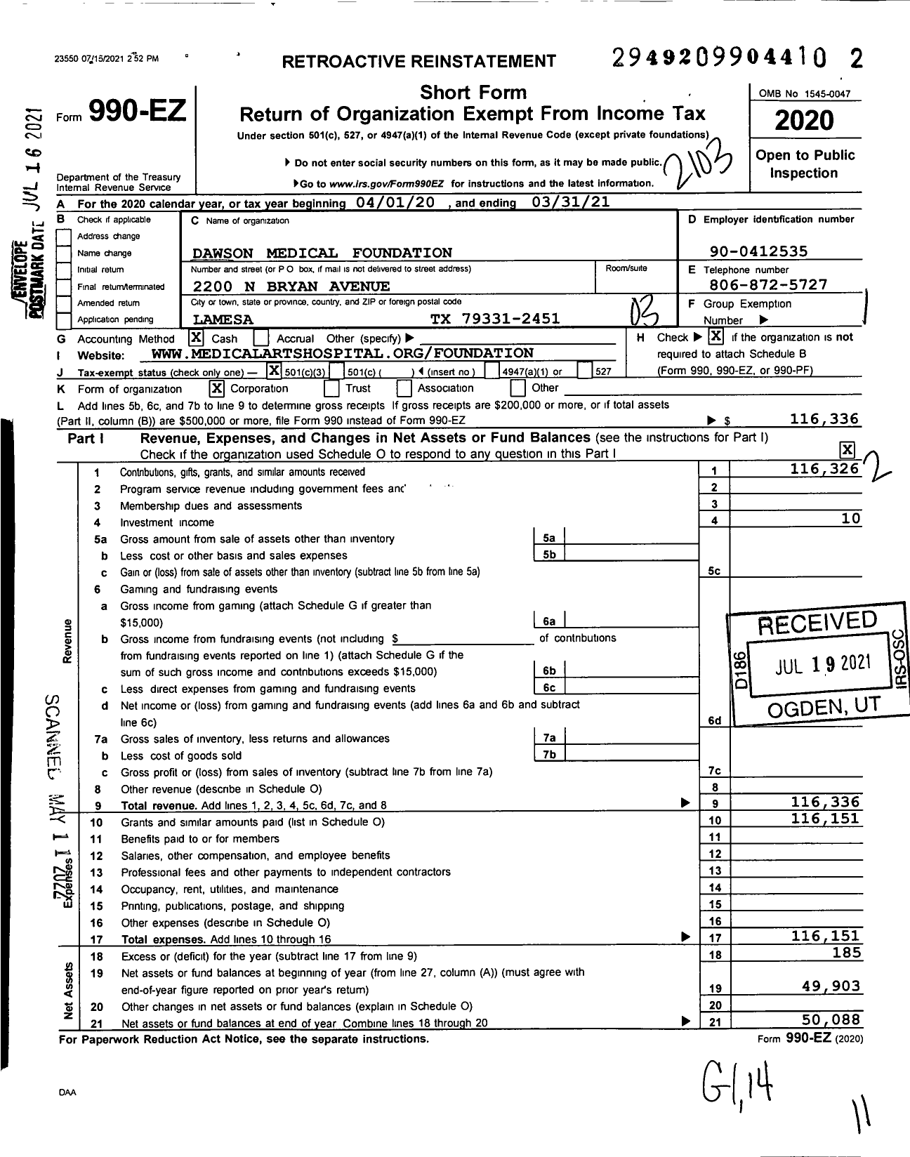 Image of first page of 2020 Form 990EZ for Dawson Medical Foundation