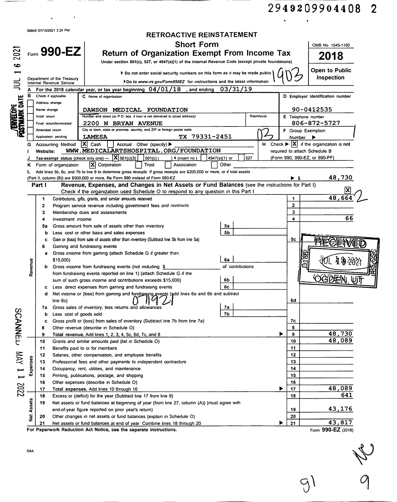 Image of first page of 2018 Form 990EZ for Dawson Medical Foundation