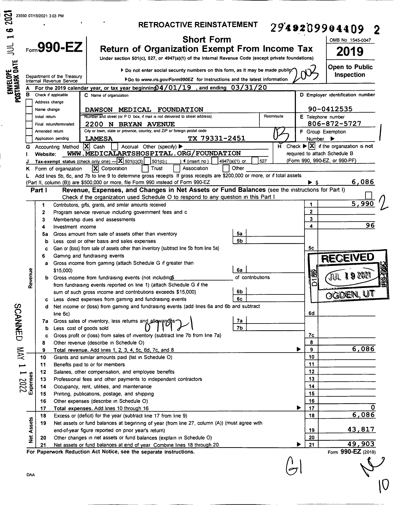 Image of first page of 2019 Form 990EZ for Dawson Medical Foundation