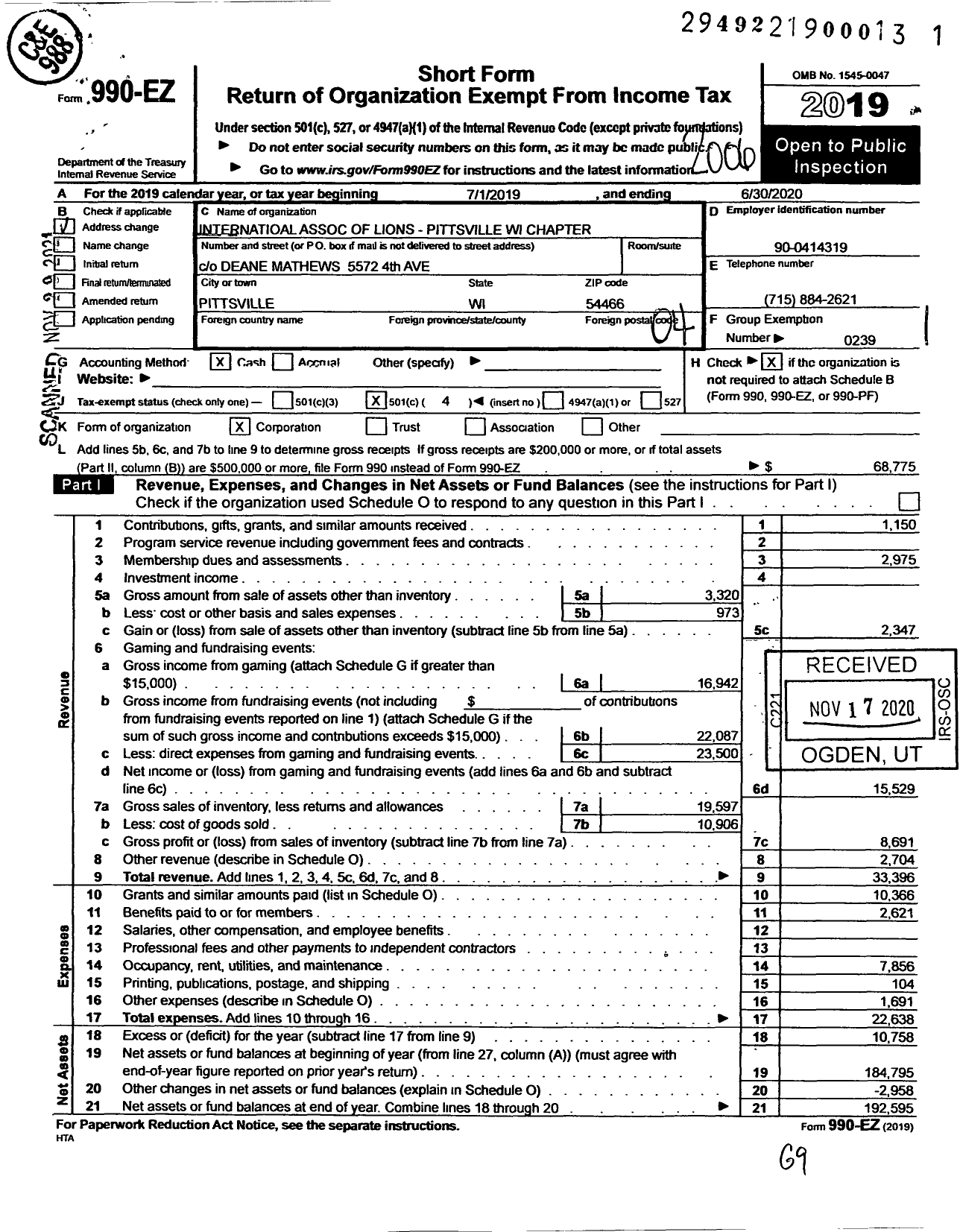 Image of first page of 2019 Form 990EO for Lions Clubs - 10546 Pittsville