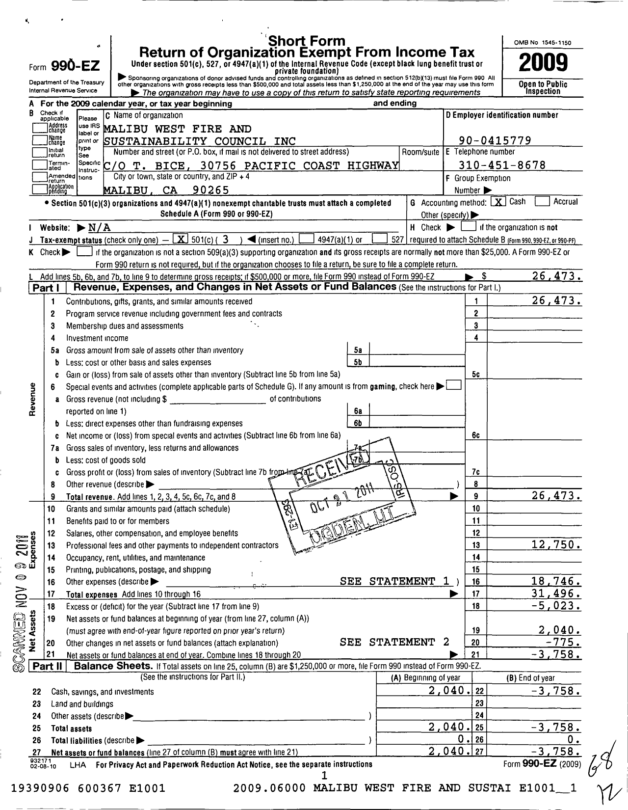Image of first page of 2009 Form 990EZ for Malibu West Fire Safe and Sustainability Council