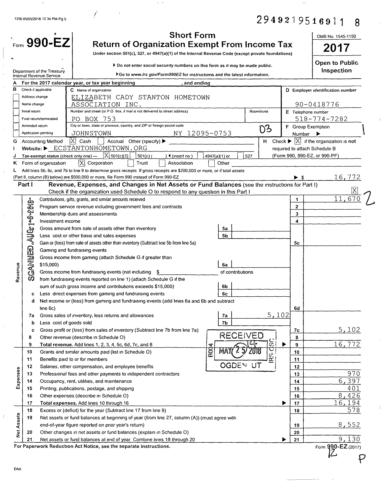 Image of first page of 2017 Form 990EZ for Elizabeth Cady Stanton Hometown Association