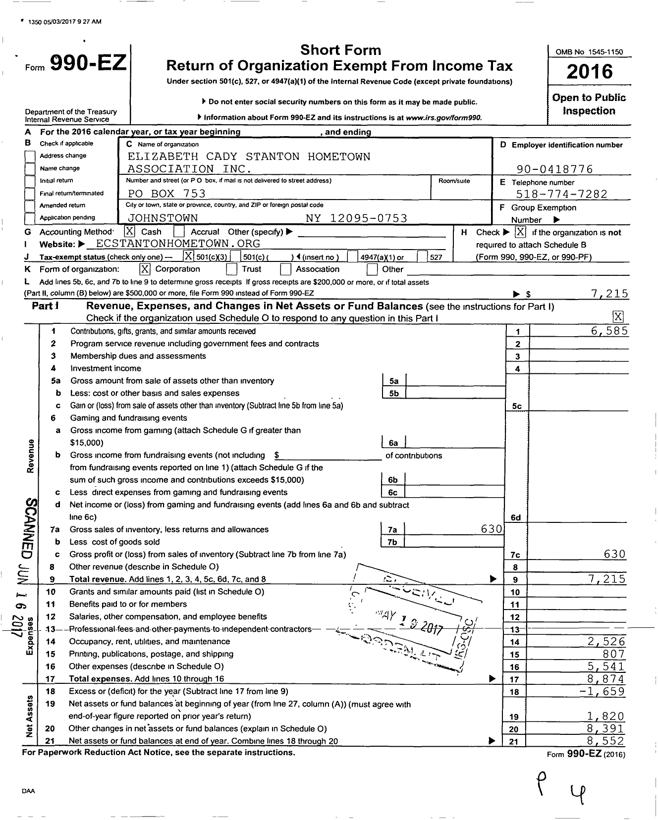 Image of first page of 2016 Form 990EZ for Elizabeth Cady Stanton Hometown Association