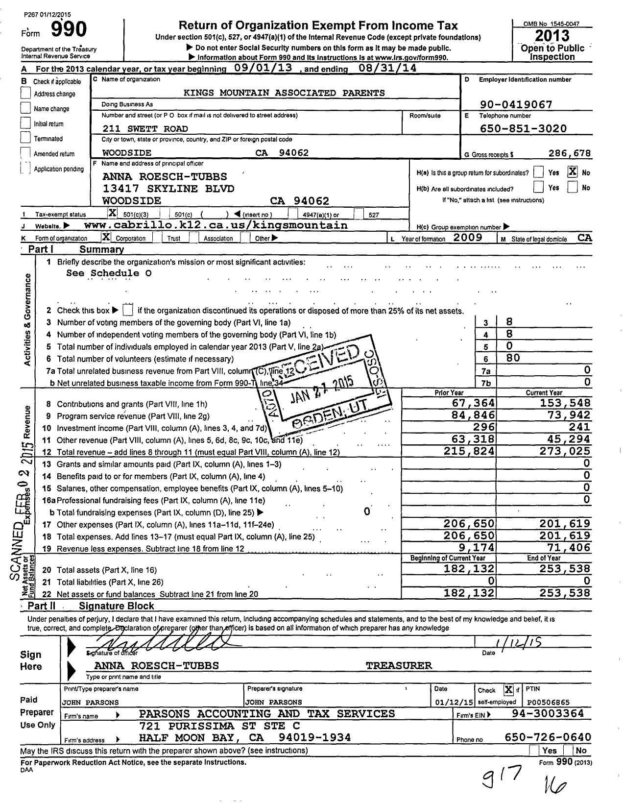 Image of first page of 2013 Form 990 for Kings Mountain Associated Parents