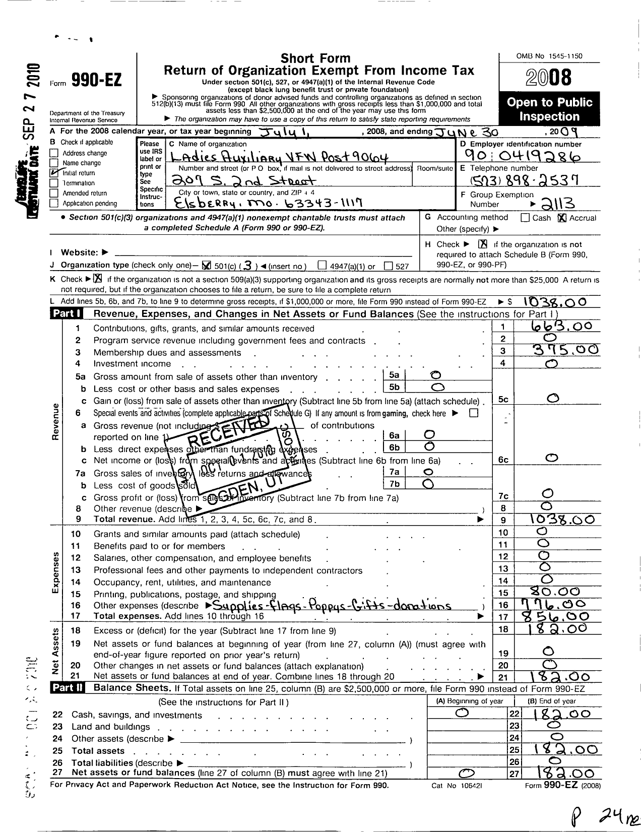 Image of first page of 2008 Form 990EZ for VFW Auxiliary Department of Missouri - 9064 VFW Auxiliary Elsberry Mem Post