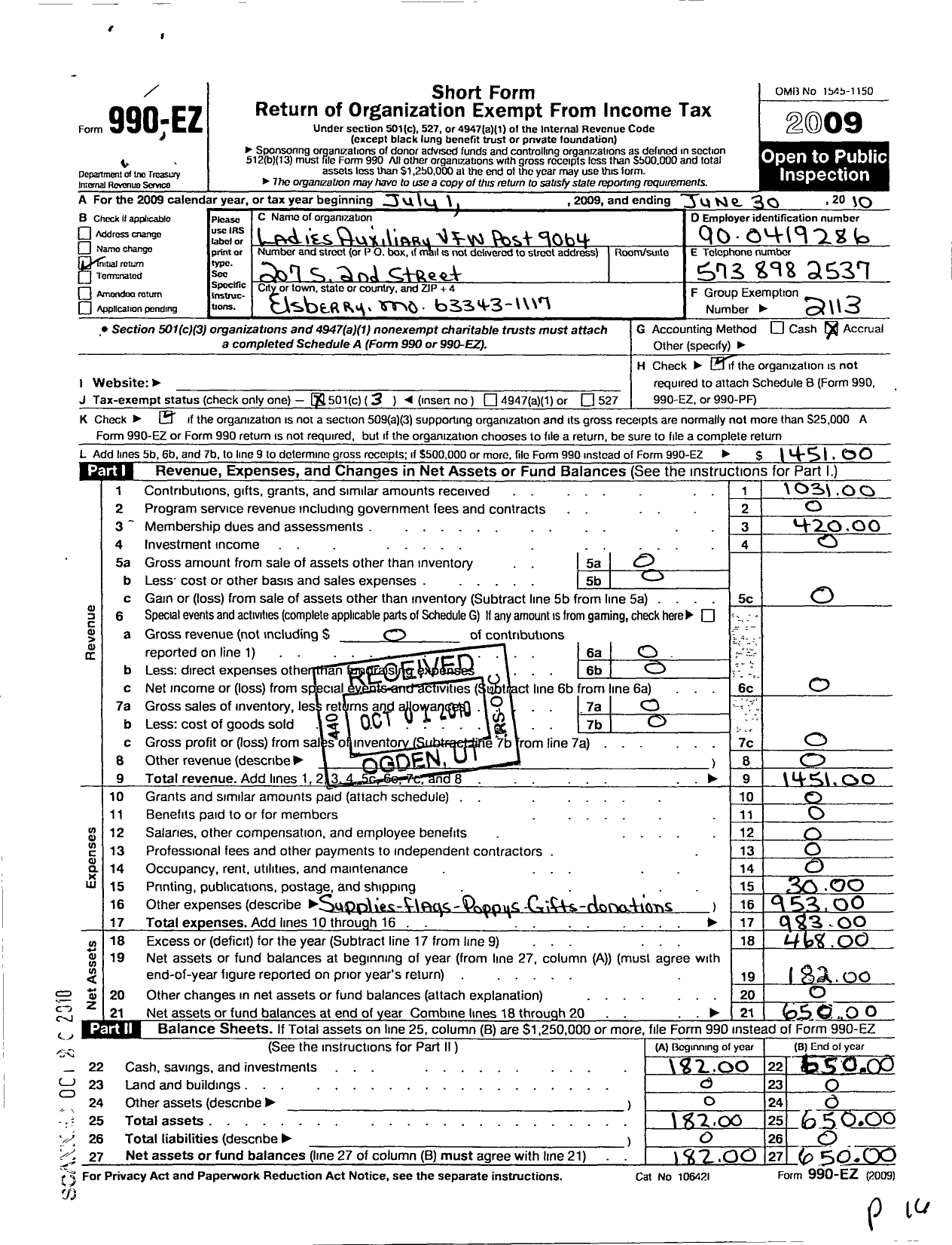 Image of first page of 2009 Form 990EZ for VFW Auxiliary Department of Missouri - 9064 VFW Auxiliary Elsberry Mem Post