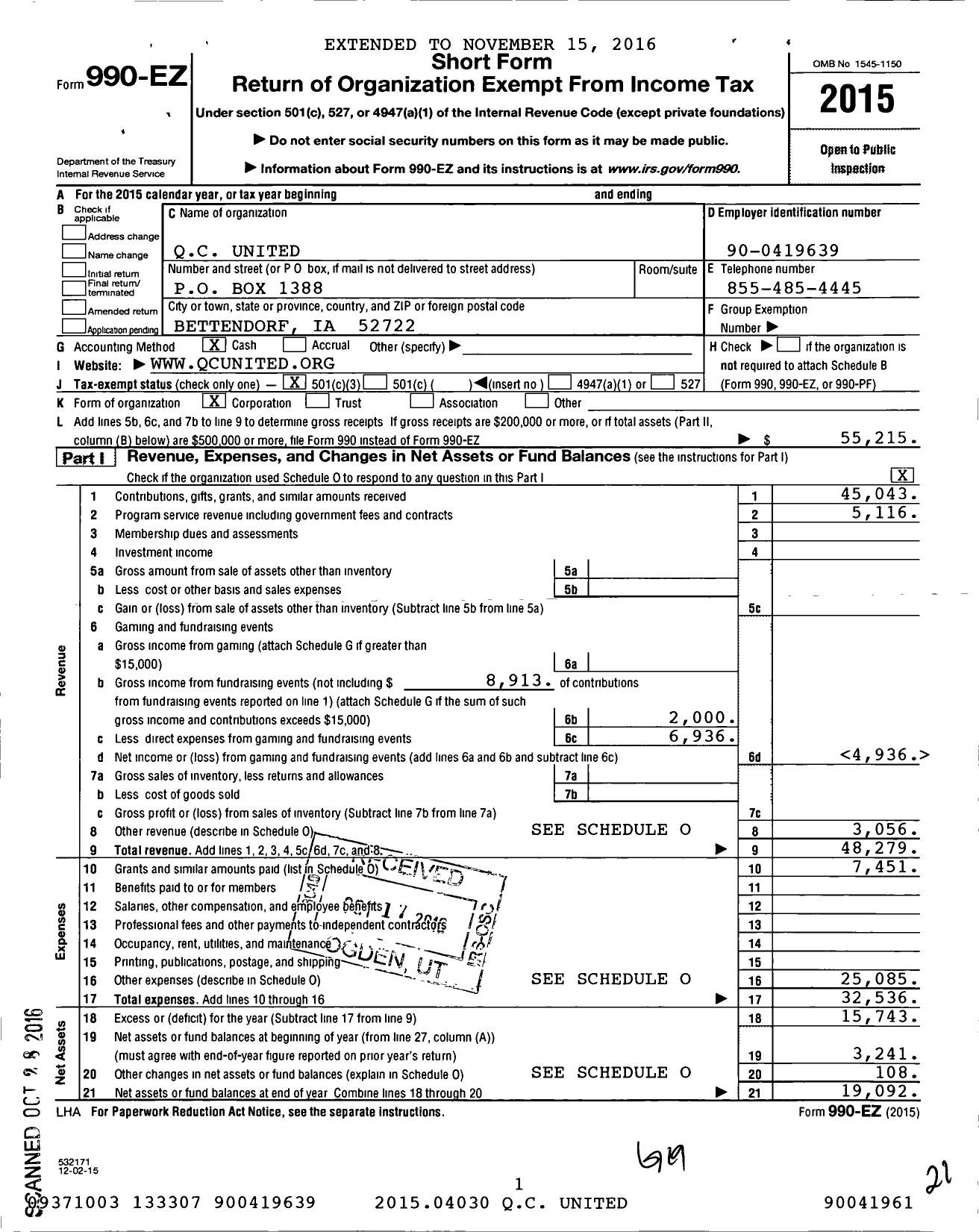 Image of first page of 2015 Form 990EZ for QC United