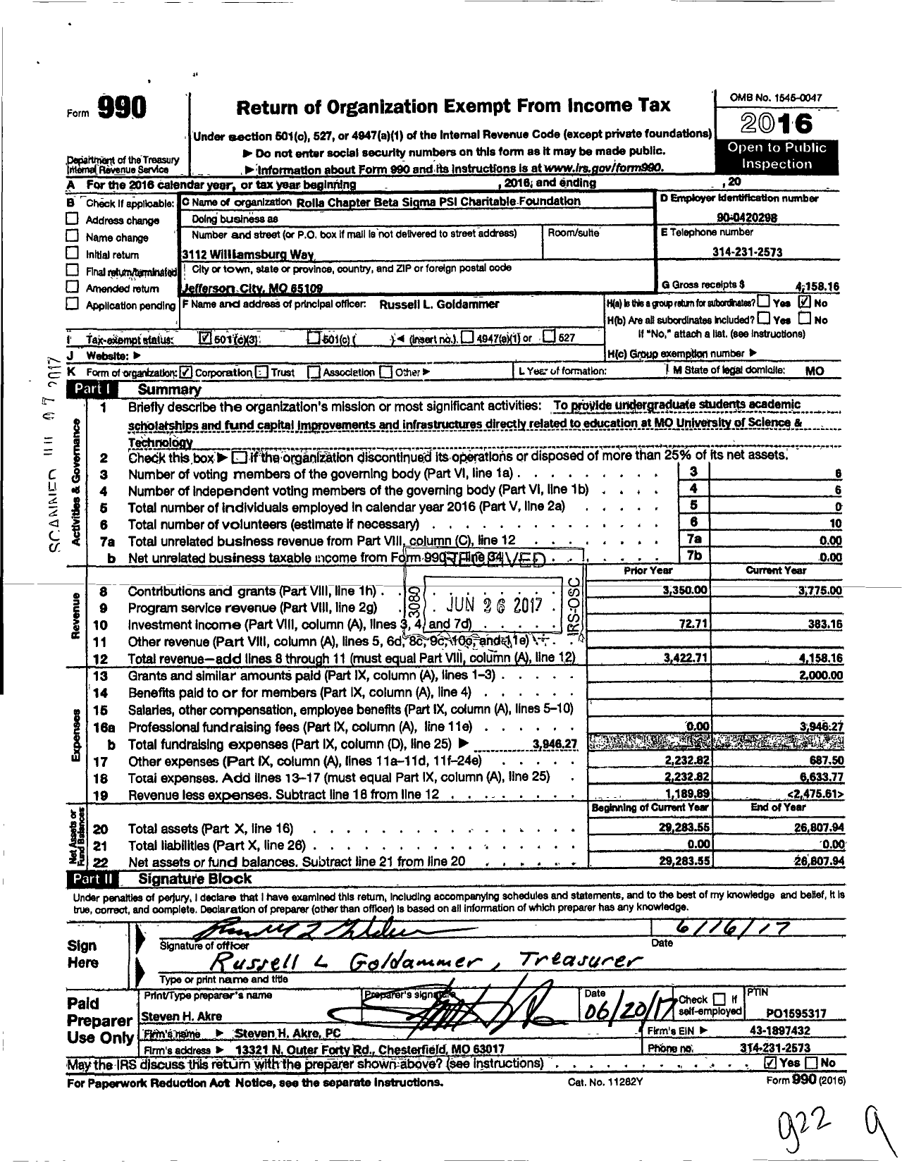 Image of first page of 2016 Form 990 for Rolla Chapter Beta Sigma Psi Charitable Foundation