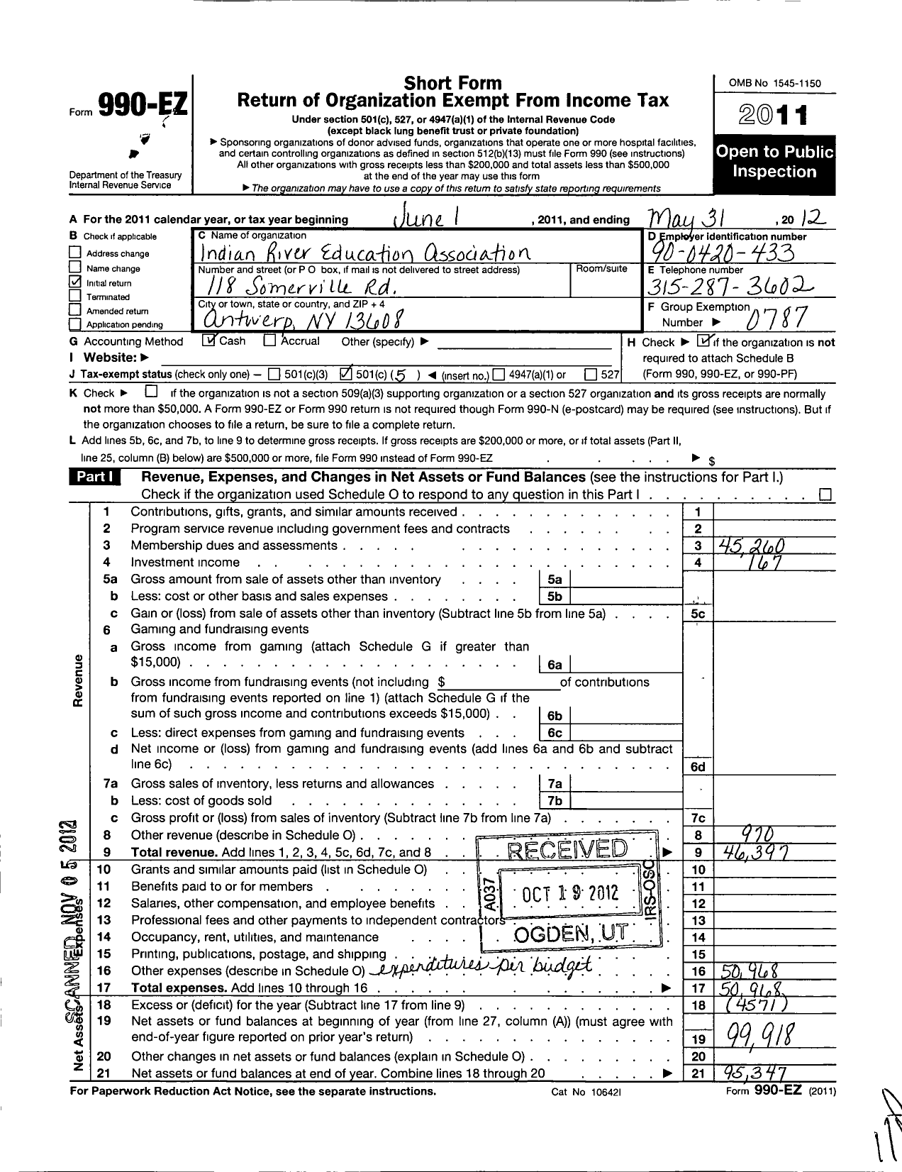 Image of first page of 2011 Form 990EO for American Federation of Teachers - 2748 Indian River Education Assoc