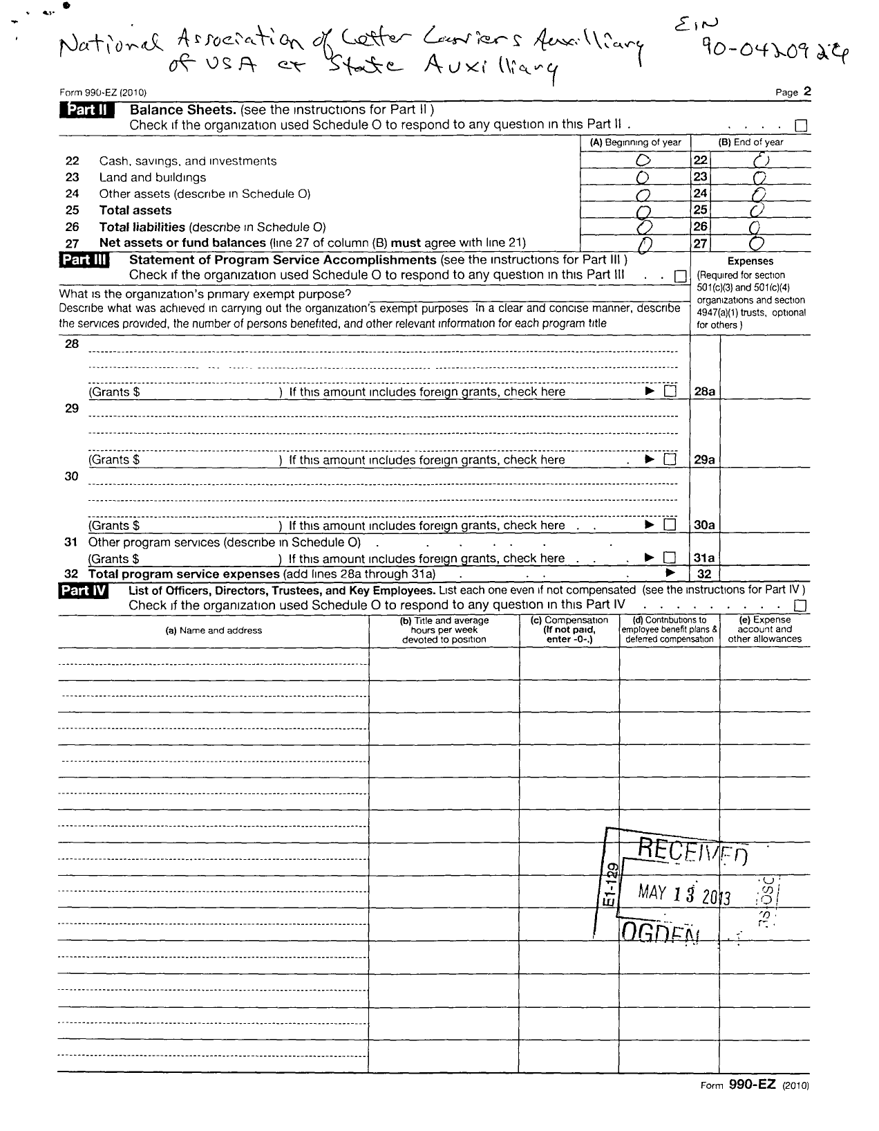 Image of first page of 2010 Form 990EOR for National Association of Letter Carriers Auxiliary of USA / Conneticut State Auxiliary