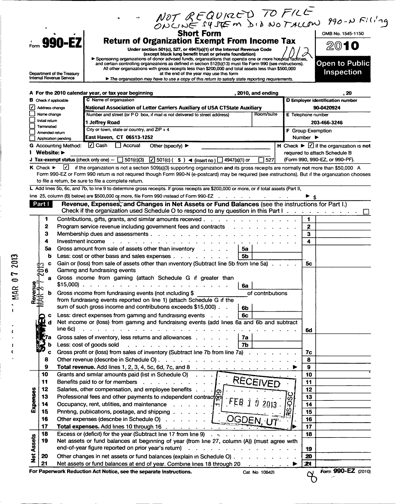 Image of first page of 2010 Form 990EO for National Association of Letter Carriers Auxiliary of USA / Conneticut State Auxiliary