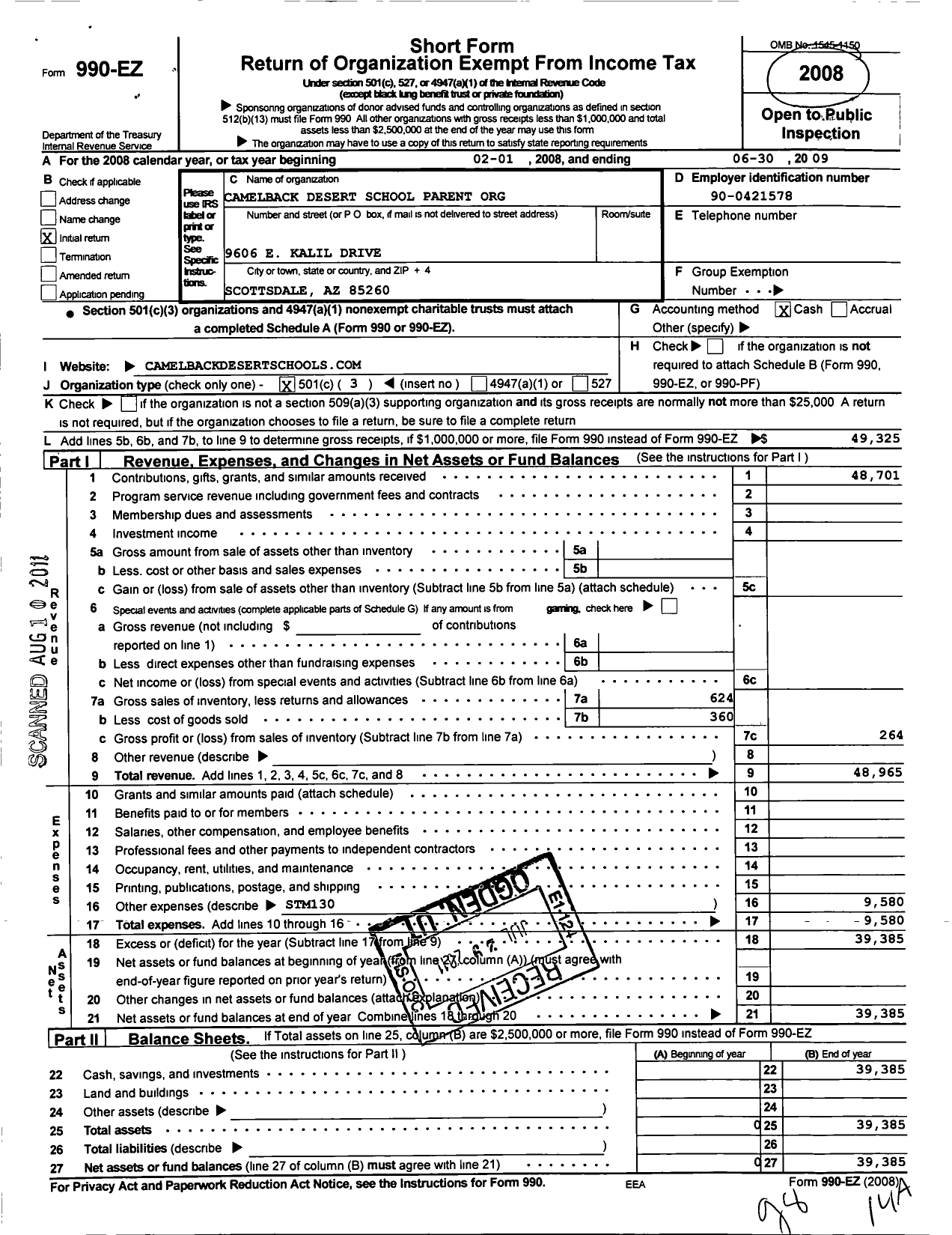 Image of first page of 2008 Form 990EZ for Camelback Desert School Parent Organization Scottsdale