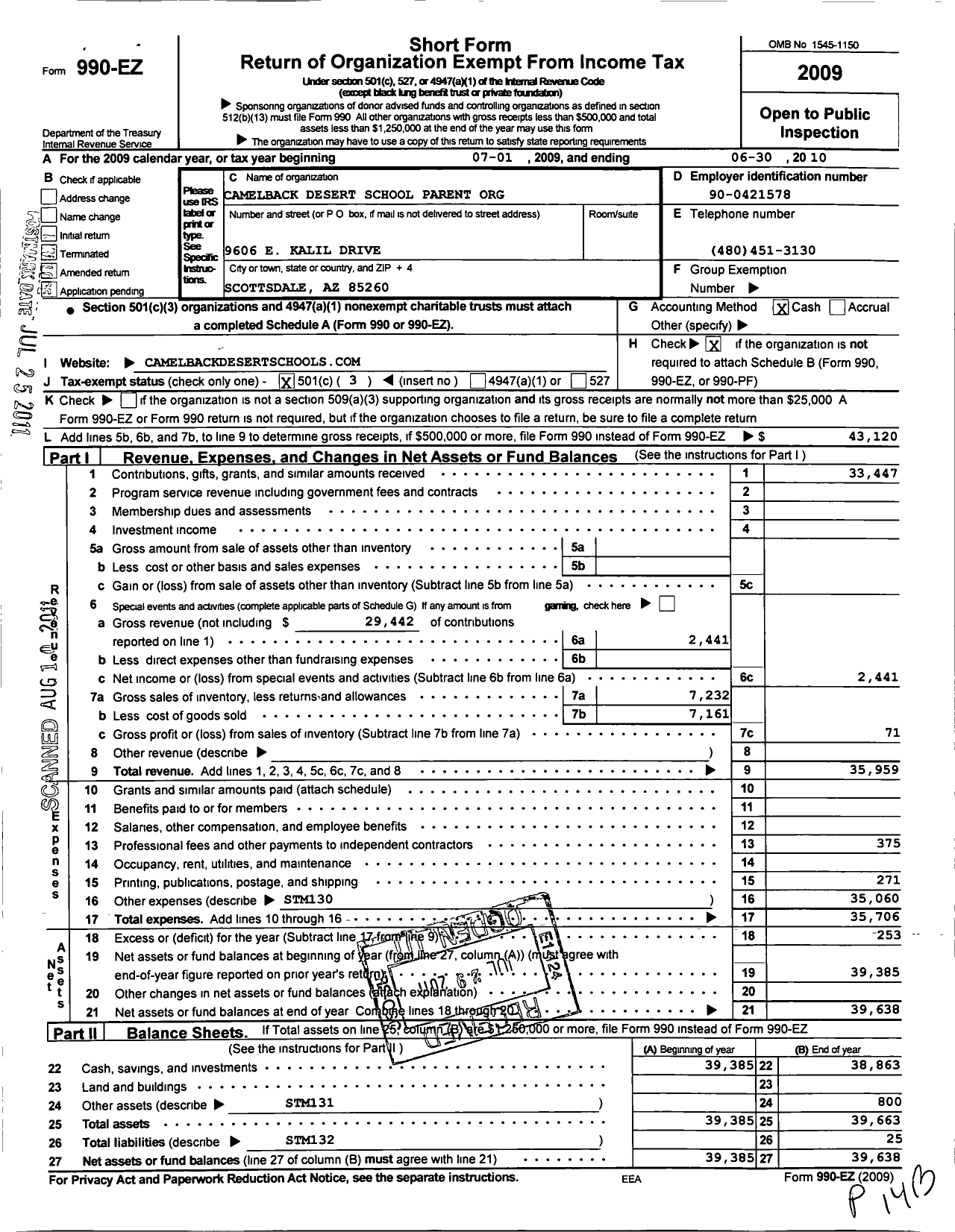 Image of first page of 2009 Form 990EZ for Camelback Desert School Parent Organization Scottsdale