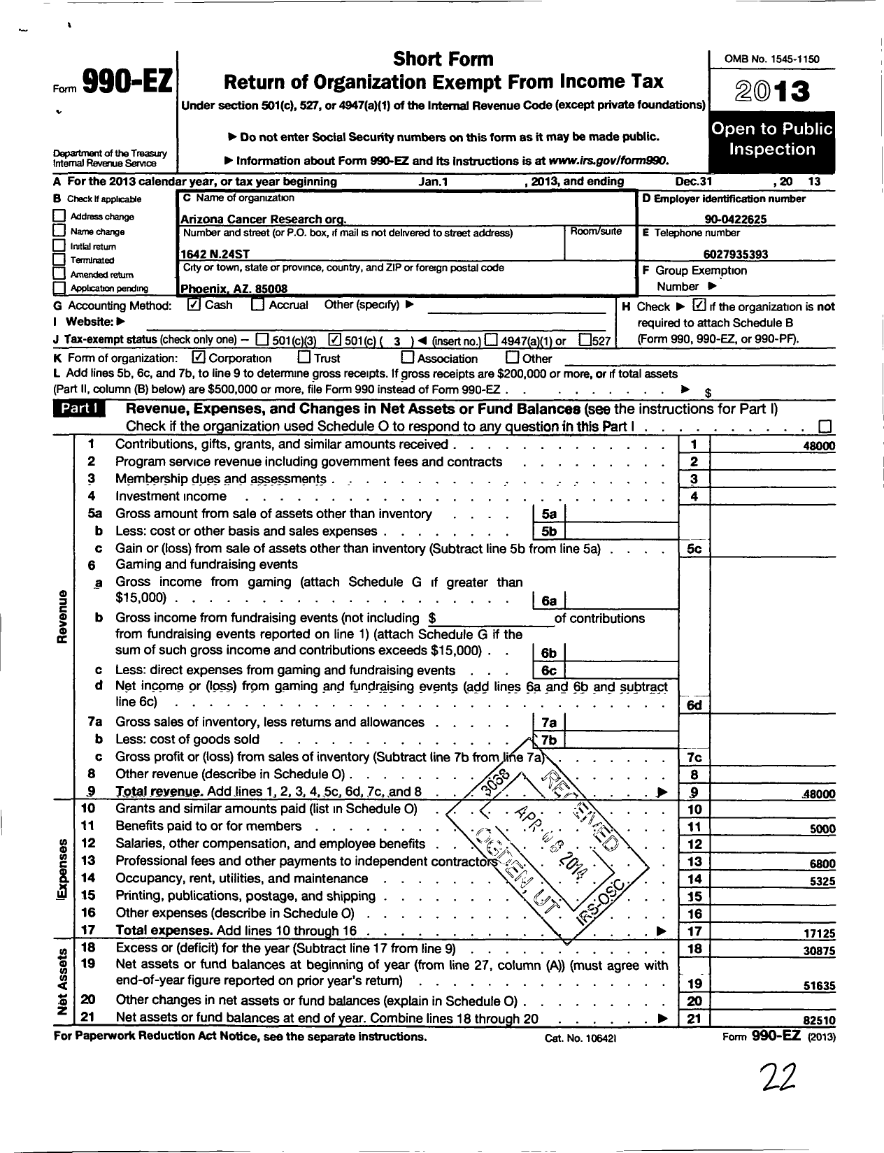 Image of first page of 2013 Form 990EZ for Arizona Cancer Research Organization