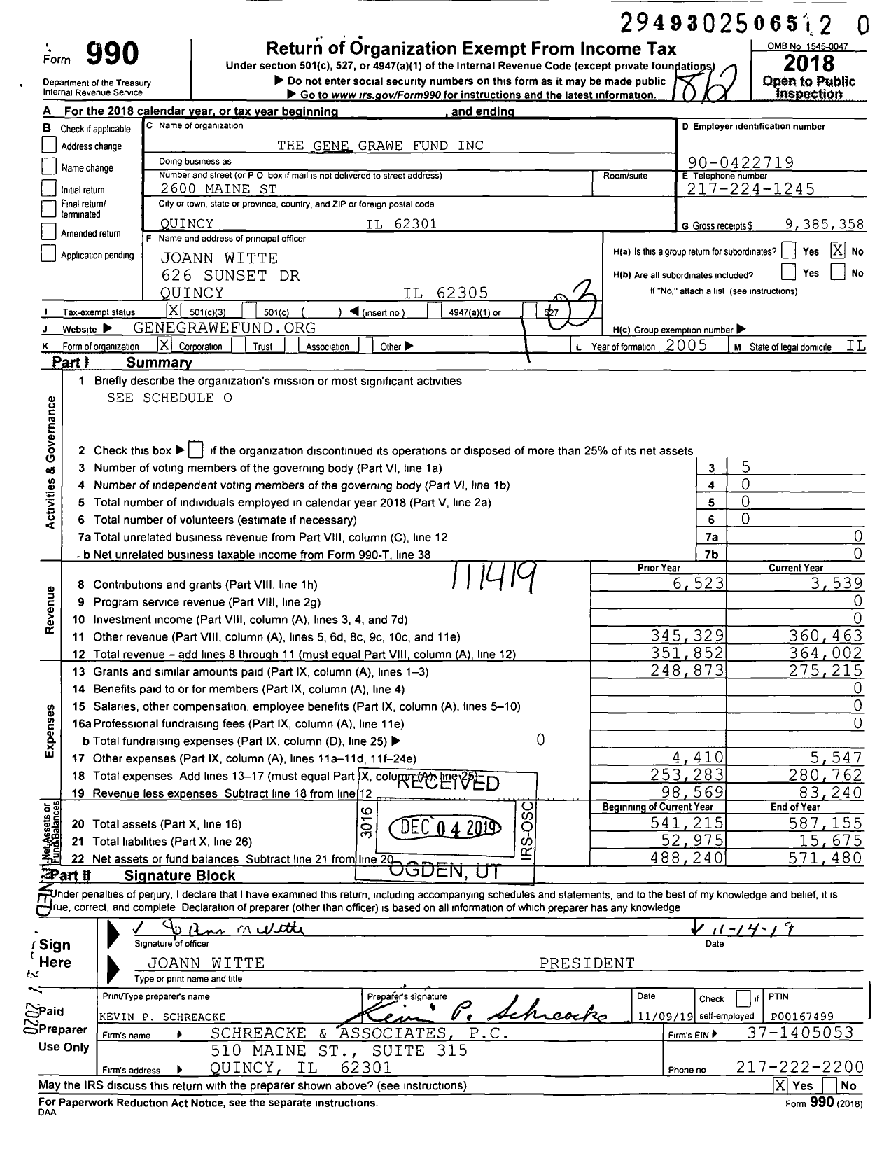 Image of first page of 2018 Form 990 for The Gene Grawe Fund