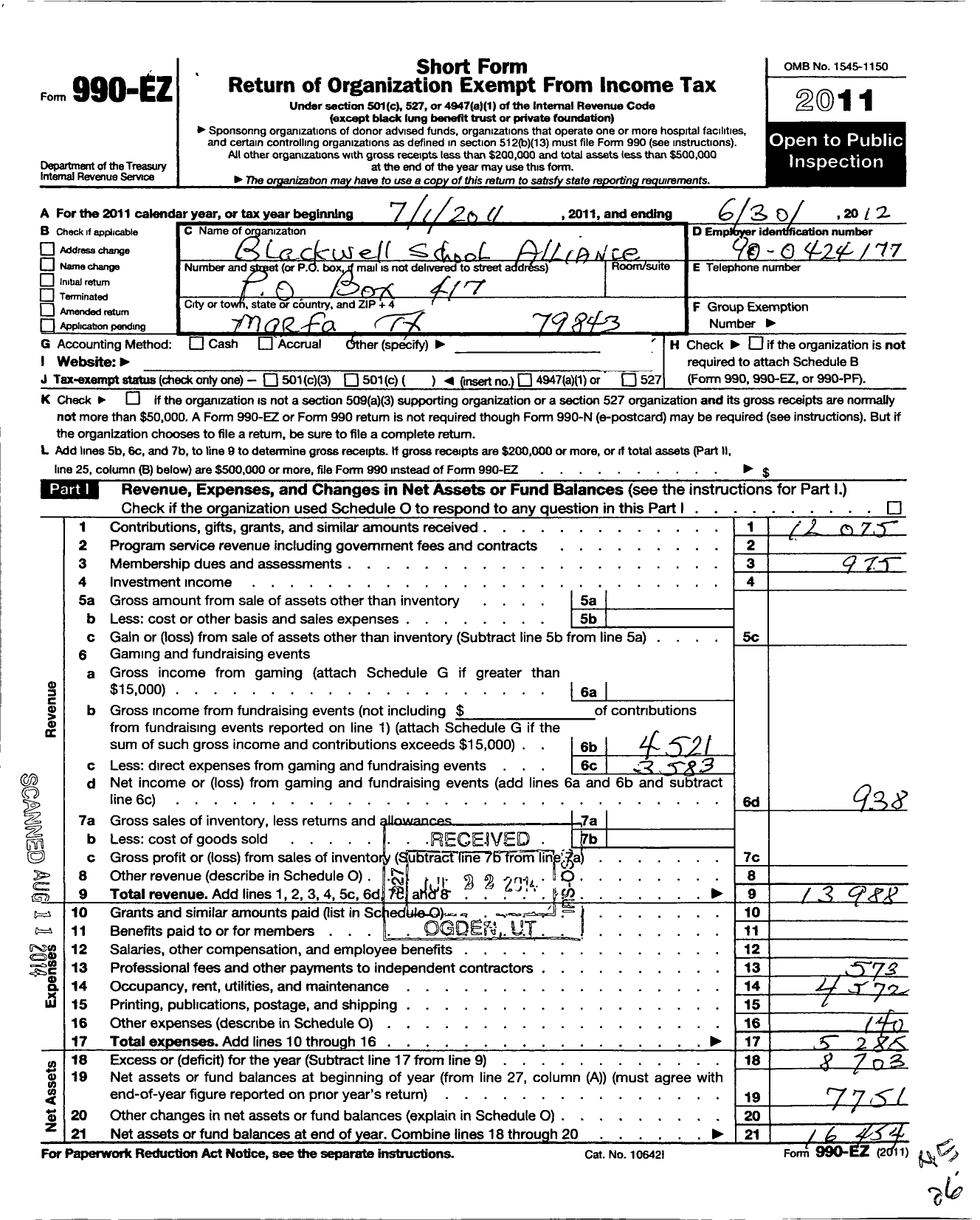 Image of first page of 2011 Form 990EO for Blackwell School Alliance