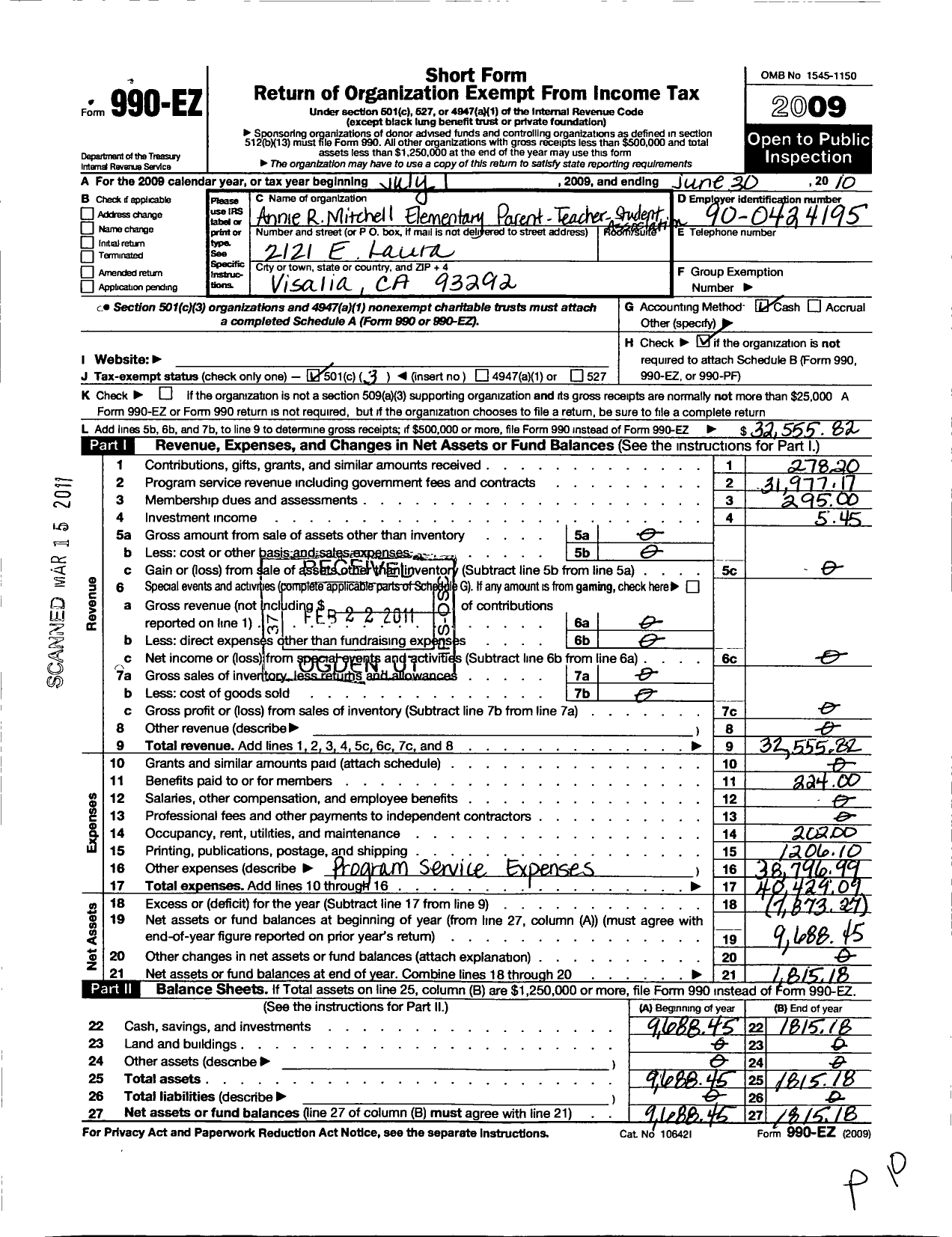 Image of first page of 2009 Form 990EZ for California State PTA - Annie R Mitchell Elementary PTA