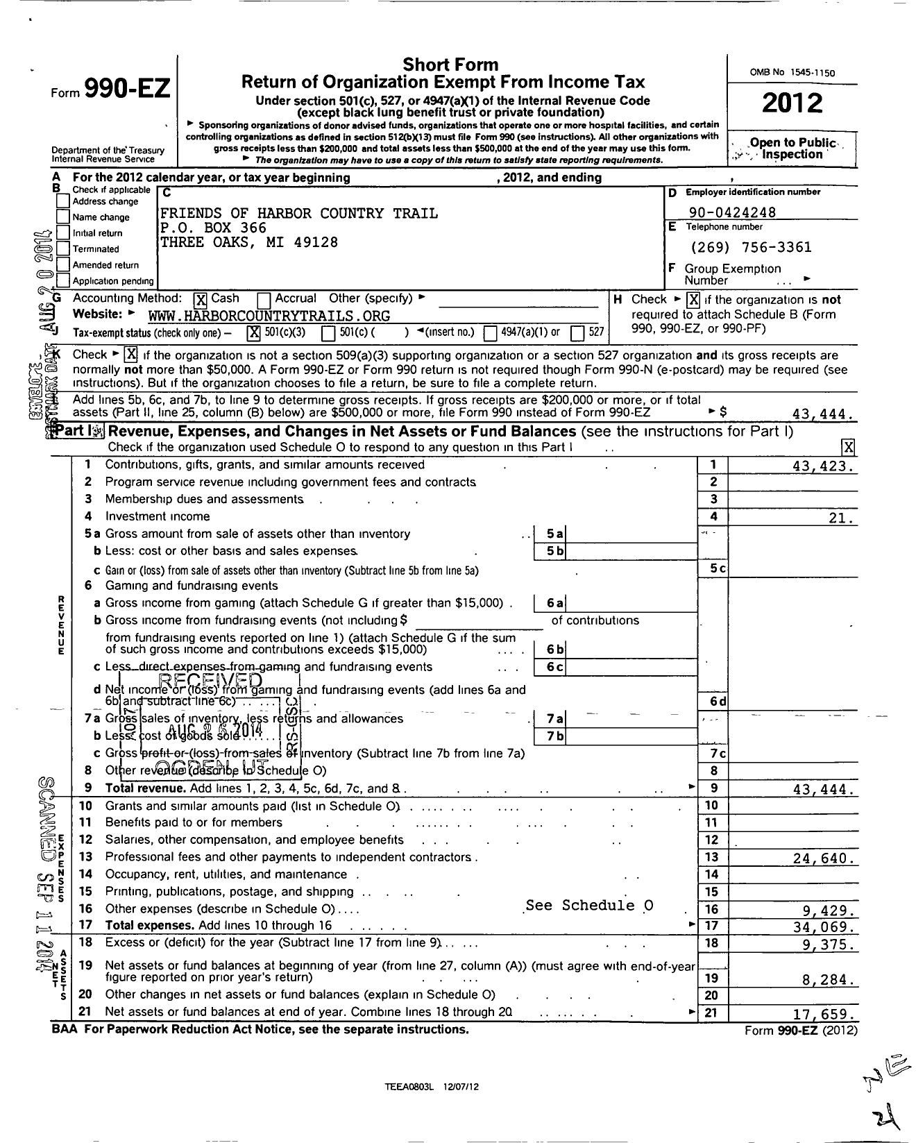 Image of first page of 2012 Form 990EZ for Friends of Berrien County Trails