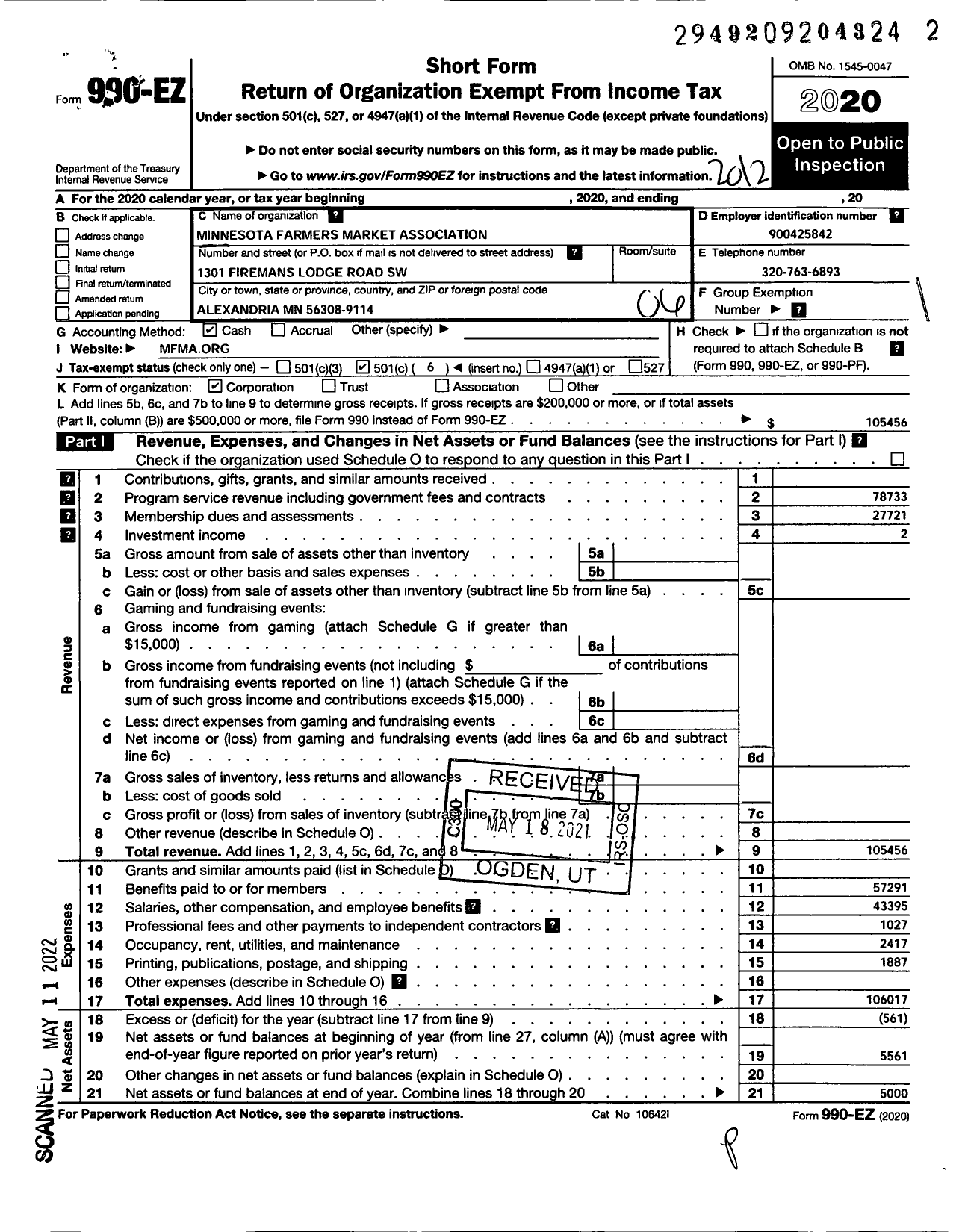 Image of first page of 2020 Form 990EO for Minnesota Farmers Market Association