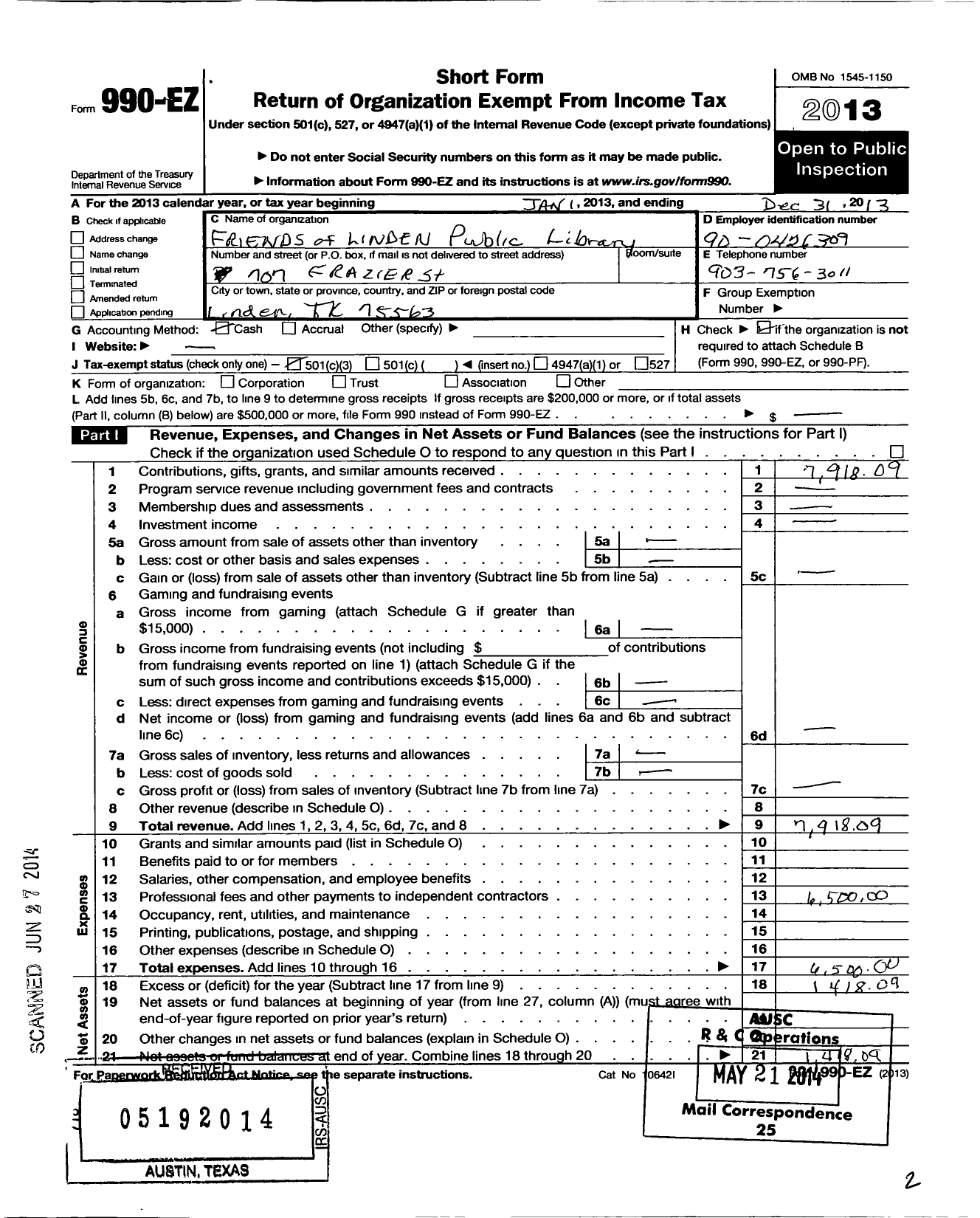 Image of first page of 2013 Form 990EZ for Friends of Linden Public Library