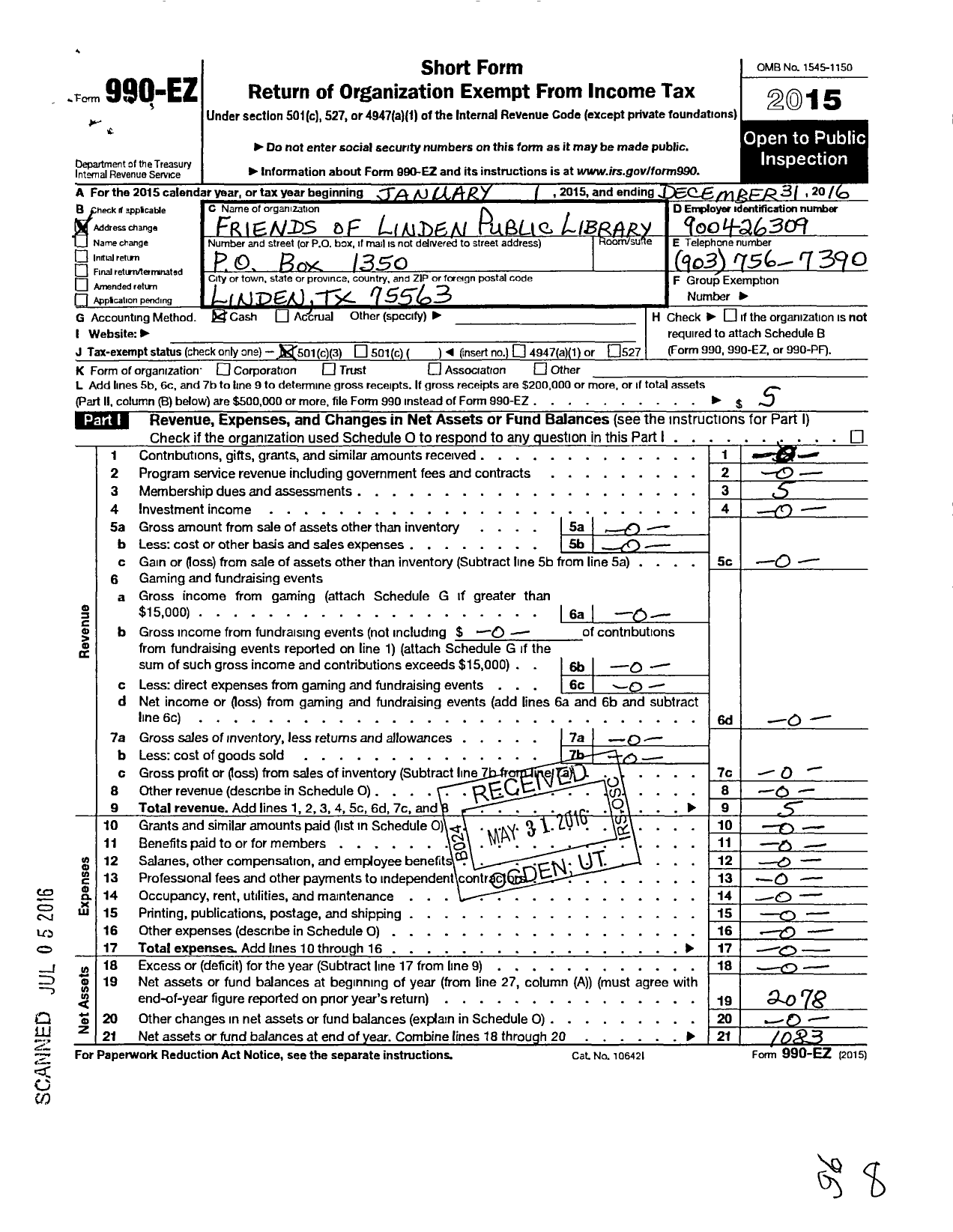 Image of first page of 2016 Form 990EZ for Friends of Linden Public Library