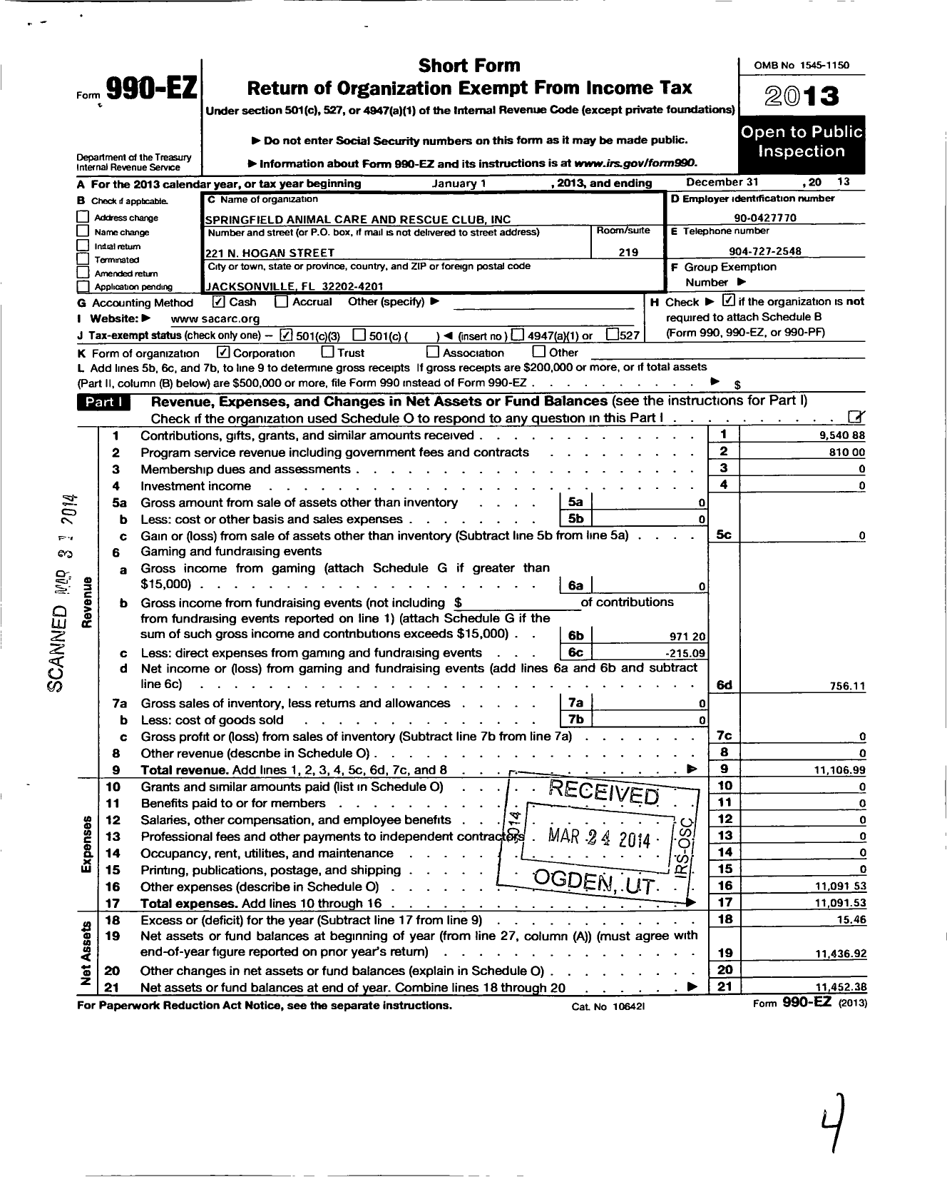 Image of first page of 2013 Form 990EZ for Springfield Animal Care And Rescue (SACARC)