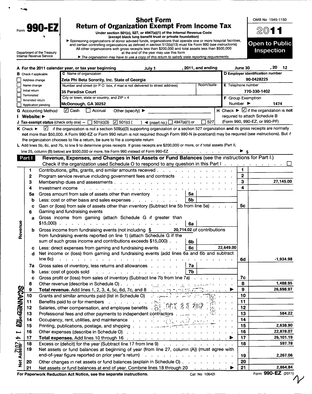 Image of first page of 2011 Form 990EO for Zeta Phi Beta Sorority Incorporated State of Georgia