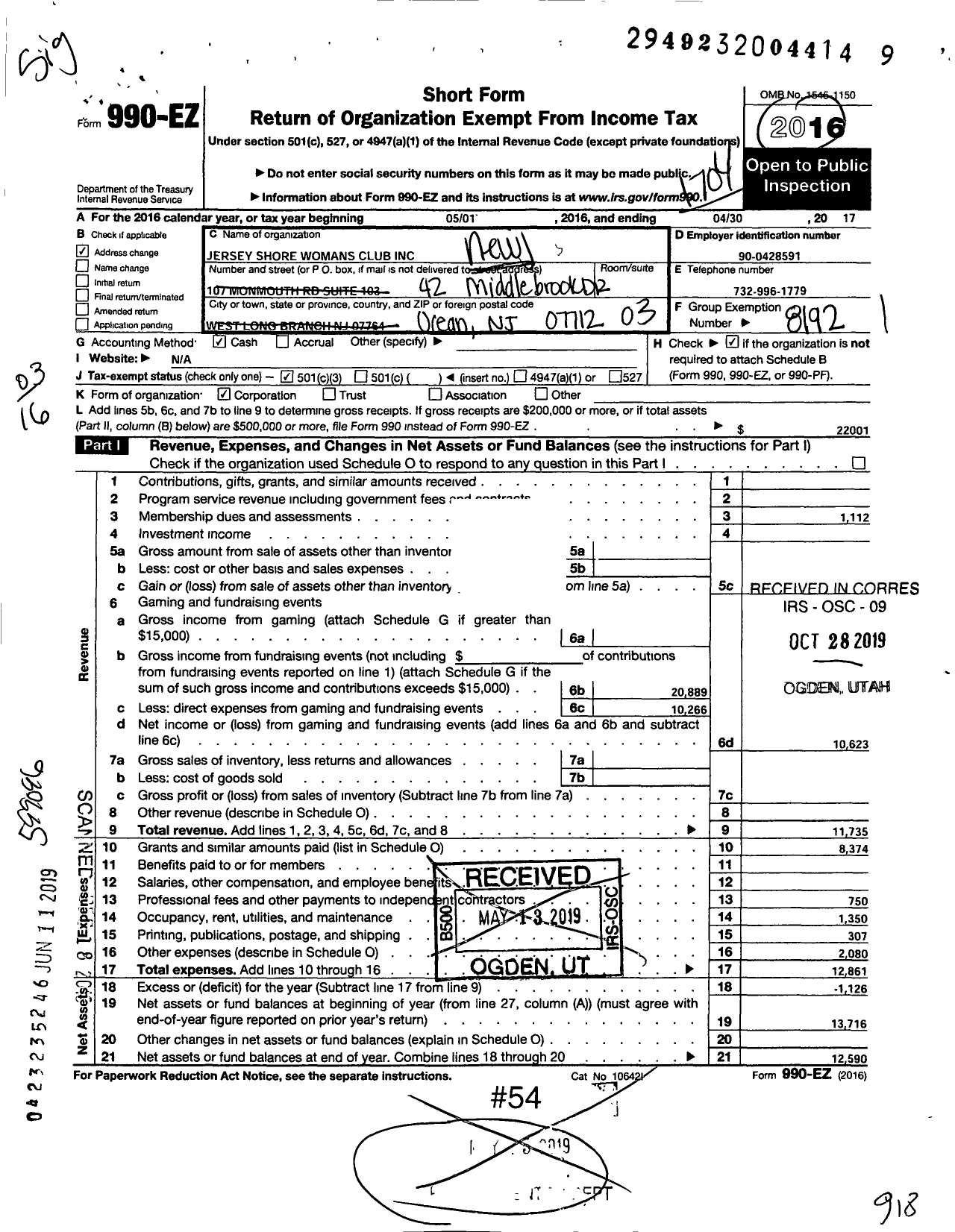 Image of first page of 2016 Form 990EZ for New Jersey State Federation of Womens Clubs